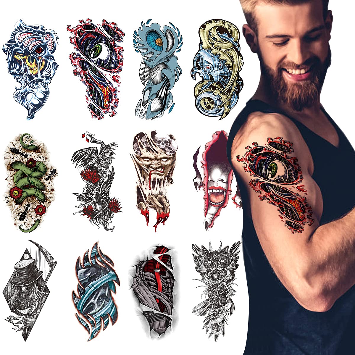 Amazon Com Large Arm Tattoo Sleeve Temporary For Adult Men And Women 12 Sheets Realistic Waterproof Black Skull Wolf Eagle Snake Zombie Fake Body Makeup Tattoo Paper Stickers Halloween Masquerade Beauty