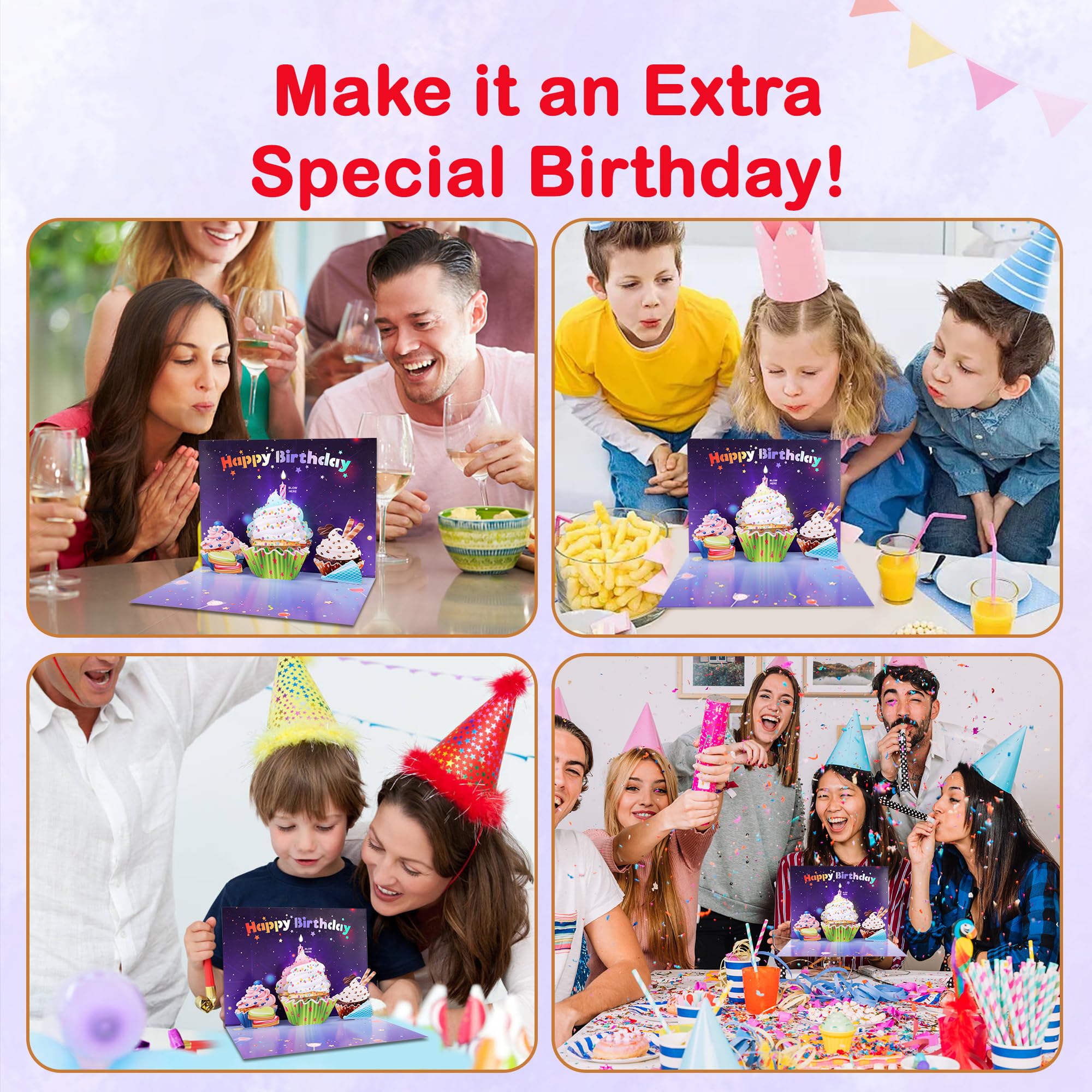 Tarjeta de feliz cumpleaños 3D emergente | Tarjetas de felicitación con luces musicales | Soplar la vela | Tarjeta desplegable de pastel de magdalenas | Reproduce una canción de feliz