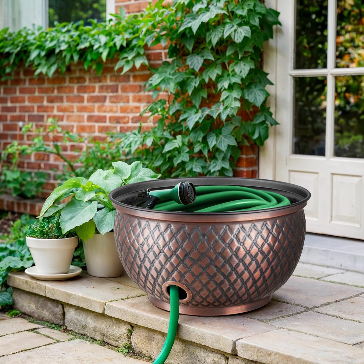 Monarch Abode Garden Hose Holder with Lid – Decorative Water Hose Holders for Outside, Diamond Embossed Metal Antique Copper Pot with Drainage, 100ft Waterhose Holder for Outside, Garden Storage Caddy