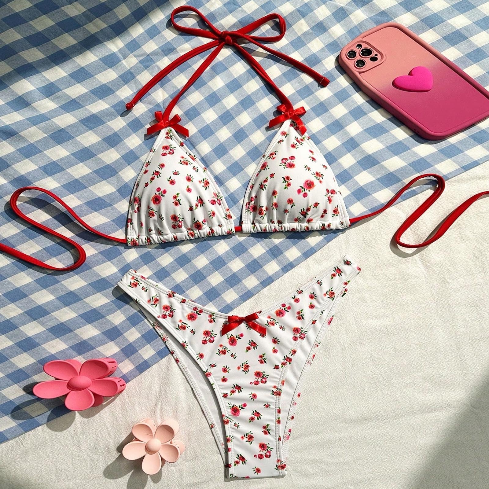 Maillot de bain 2 pièces pour femme - Imprimé cerises - Bikini triangle à nouer sur le côté - Pour l'été, la plage, la piscine, les vacances