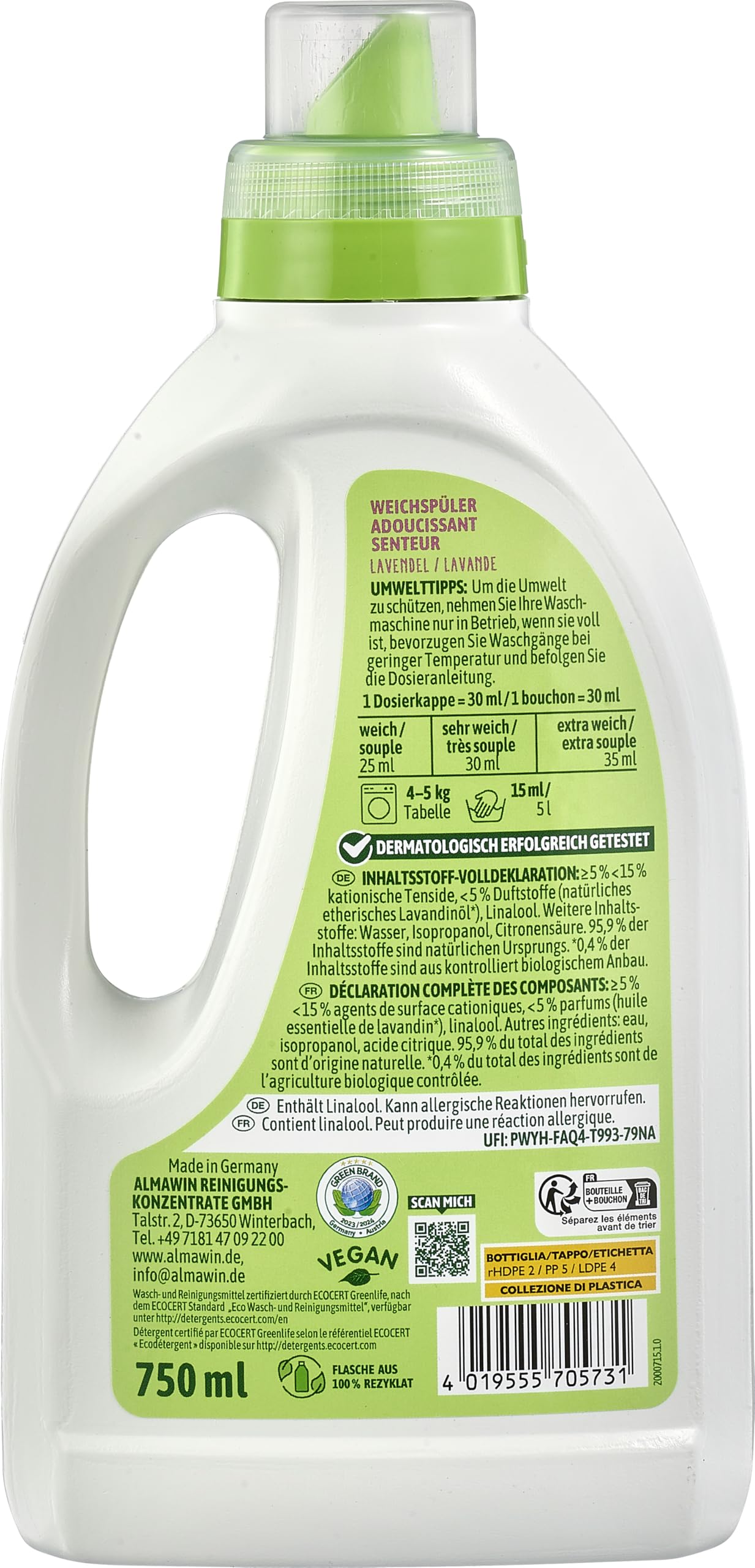 AlmaWin® Weichspüler mit Lavendel-Duft [6x 750ml - 180 Ladungen] für kuschelweiche Wäsche - Veganer Weichspüler Bio kombinierbar mit allen Waschmitteln - Flüssiger Weichspüler Öko Softener