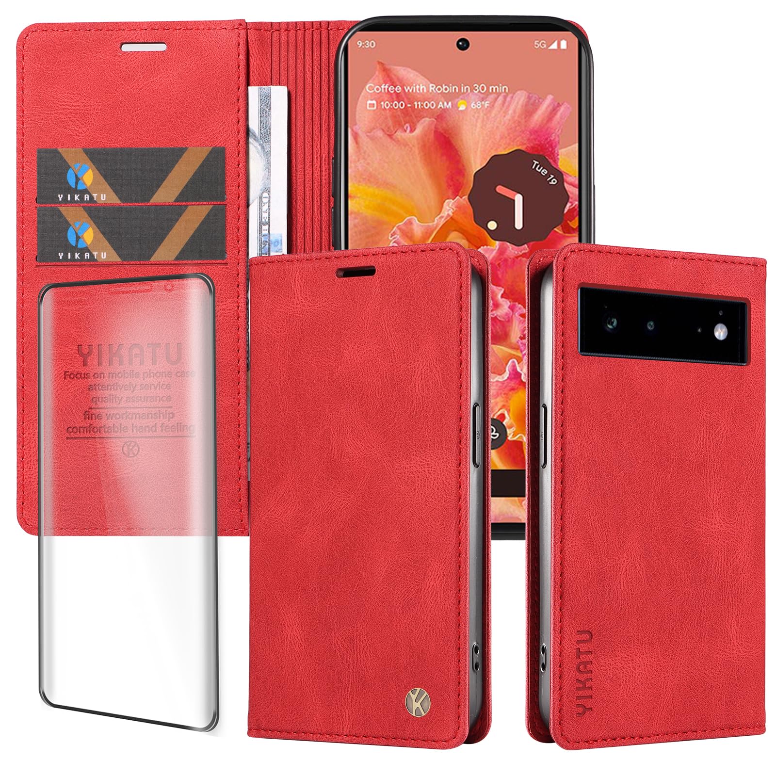 Case for Google Pixel 6 [with 1& Screen Protector][skin feel][2 Card Slot+1 Wallet] protective case for Google Pixel 6,Red