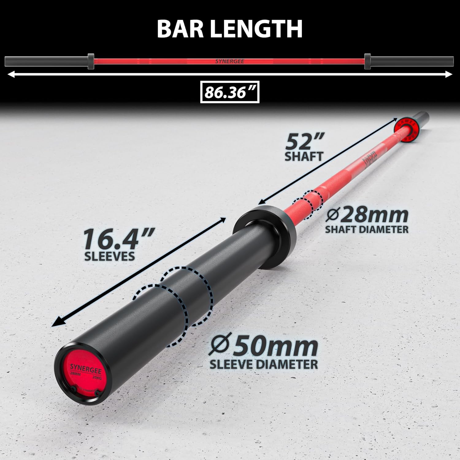 Synergee Games 15kg and 20kg Colored Ceramic Coated Barbells. Rated 1500lbs for Weightlifting and Powerlifting. Black, Red, Grey, Pink