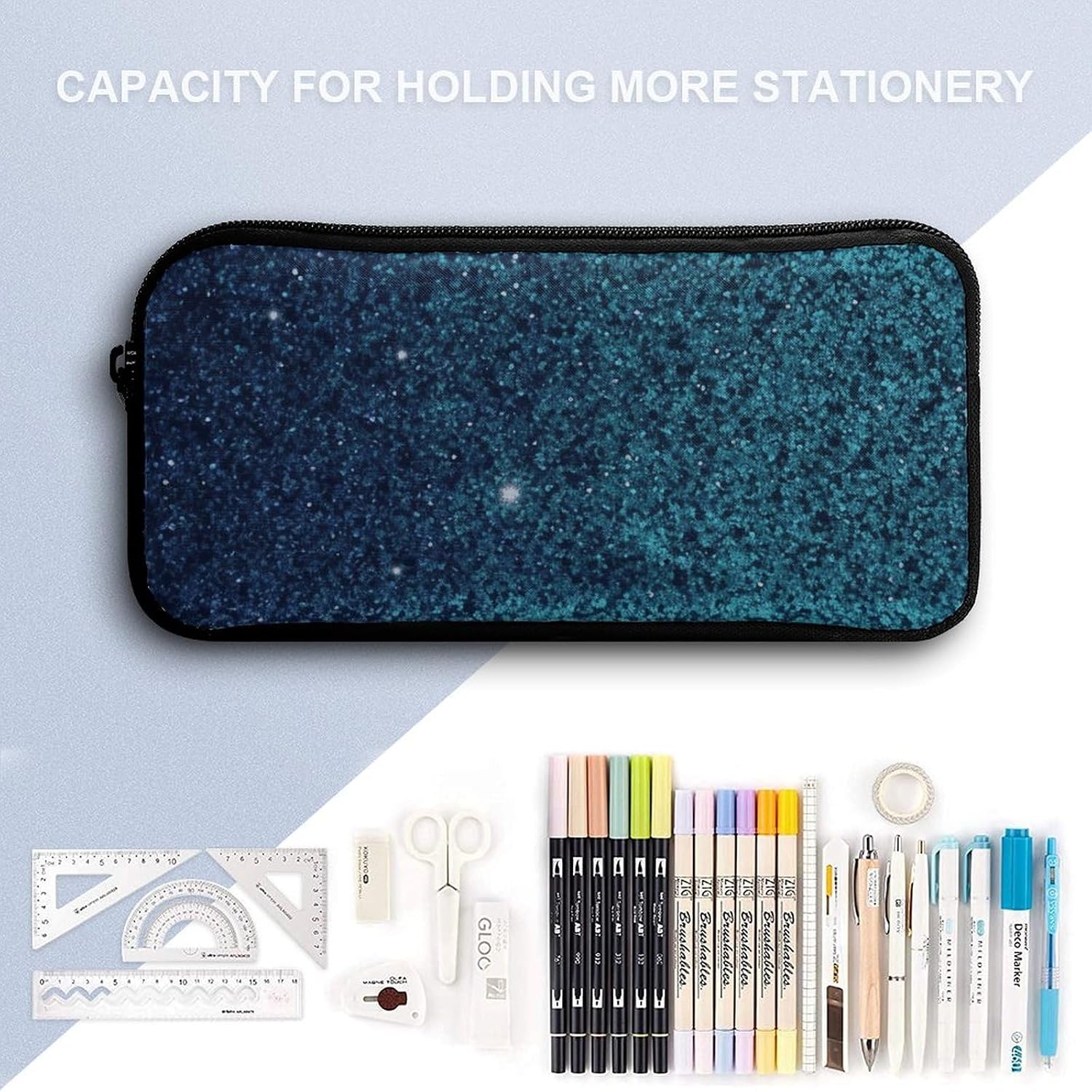 Teal Glitter Large Pencil Case, Pencil Pouch with Zipper image 3