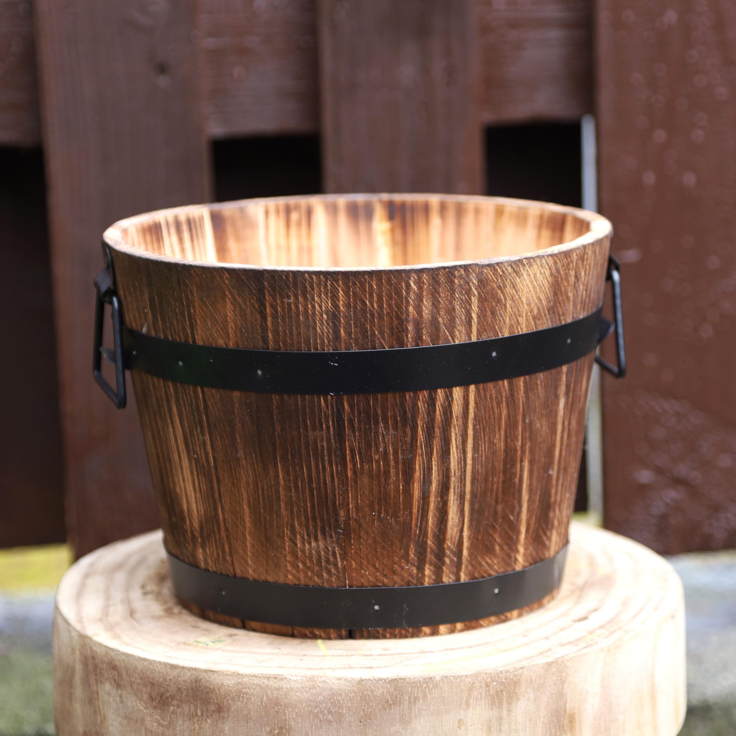 Fyne-Finds Natural Round Wooden Whiskey Barrel Planter 24Cm, 9Inch Garden Pot With Metal Handles Band Outdoor Tub Weatherproof Drainageholes (1)