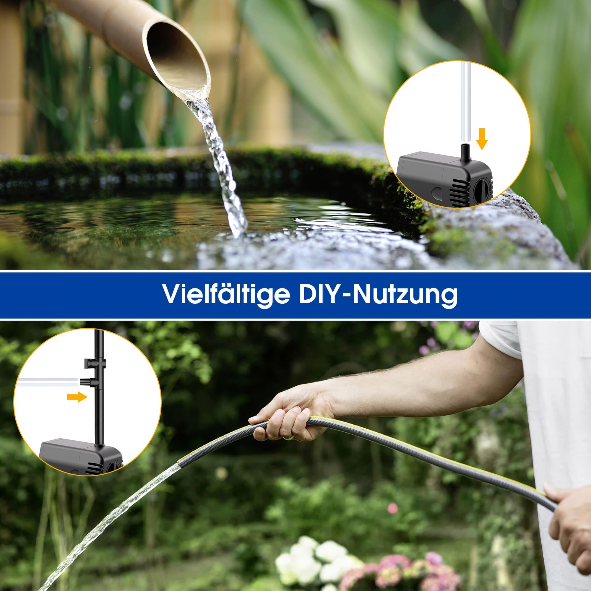 Biling Solar Springbrunnen für Außen, 12W Solar Teichpumpe 605L/H Leise mit 4 Düsen und Schlauch, Solarbrunnen für Draussen für Gartenteich bis 5㎡ DIY Wasserspiel Brunnen-Dekoration Blumenkasten