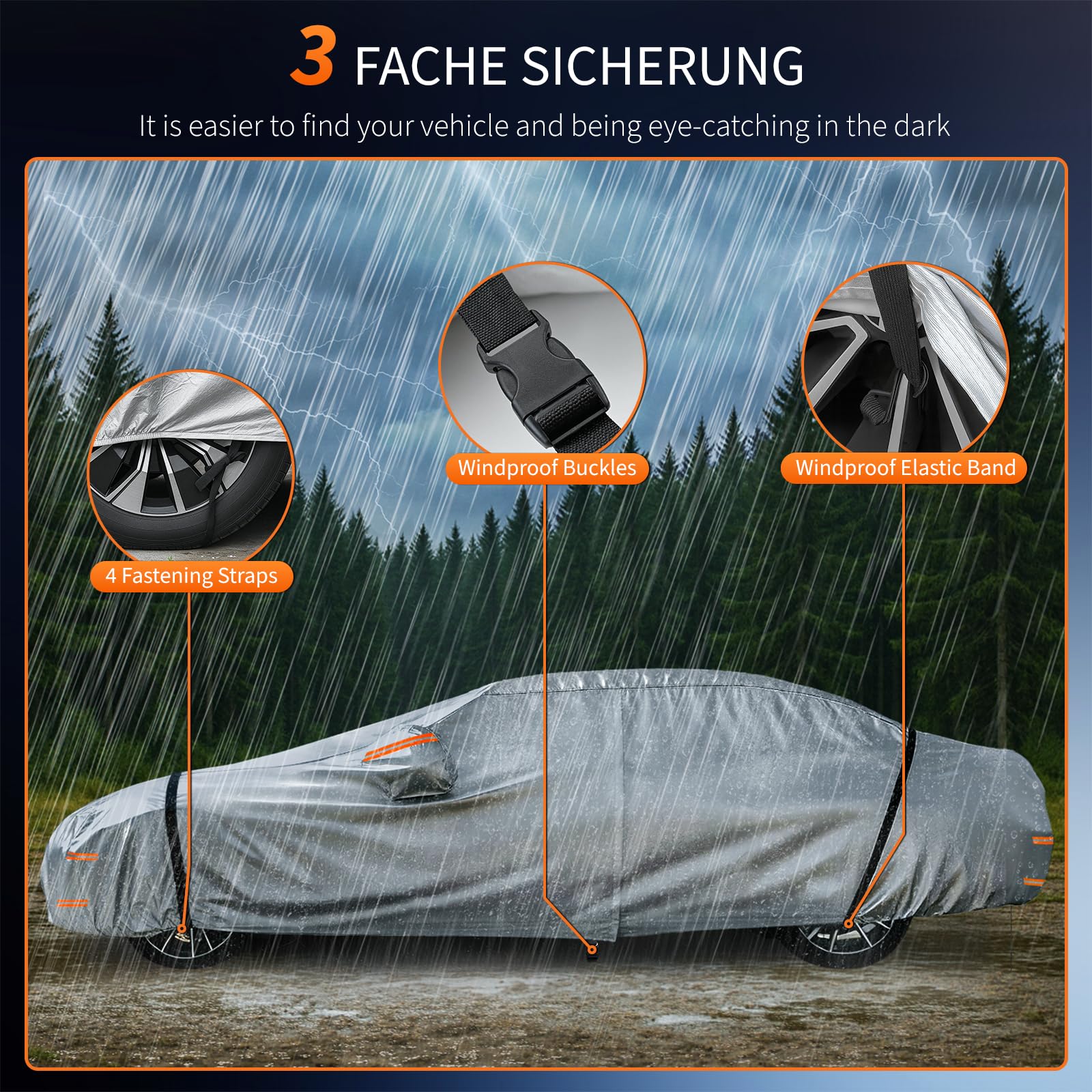 Autoabdeckung Wasserdicht Atmungsaktiv, Vollgarage Autoplane für Staub Sonne Schutz, mit Kratzfester Innenfutter und Reißverschluss für Limousine (470-490 cm) - Silber