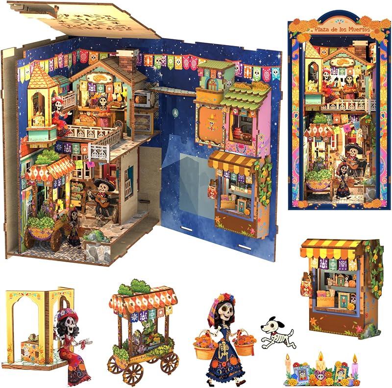 Cutefun Book Nook Kit for Adults, DIY Miniature House Mexican Art & Culture | 3D Wooden Puzzle Bookend with LED Light for Bookshelf Insert Decor, Creative Gifts for Teens (Plaza de Los Muertos)