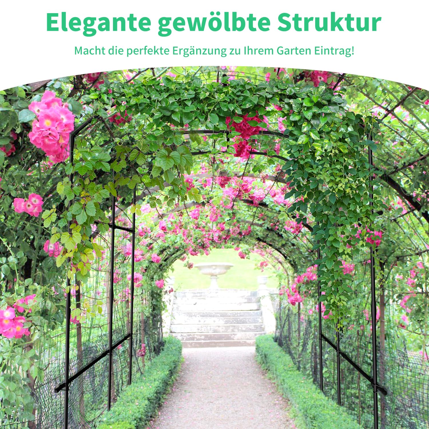 SUNYRISY Große Gurken Rankhilfe, Gartenbogen für Kletterpflanzen Rankhilfen, 220cm Hoher PE Beschichtete Metall Rankgitter mit Ranknetz, Rankbogen Rankgitter für Gurke, Blumen, Erbsen