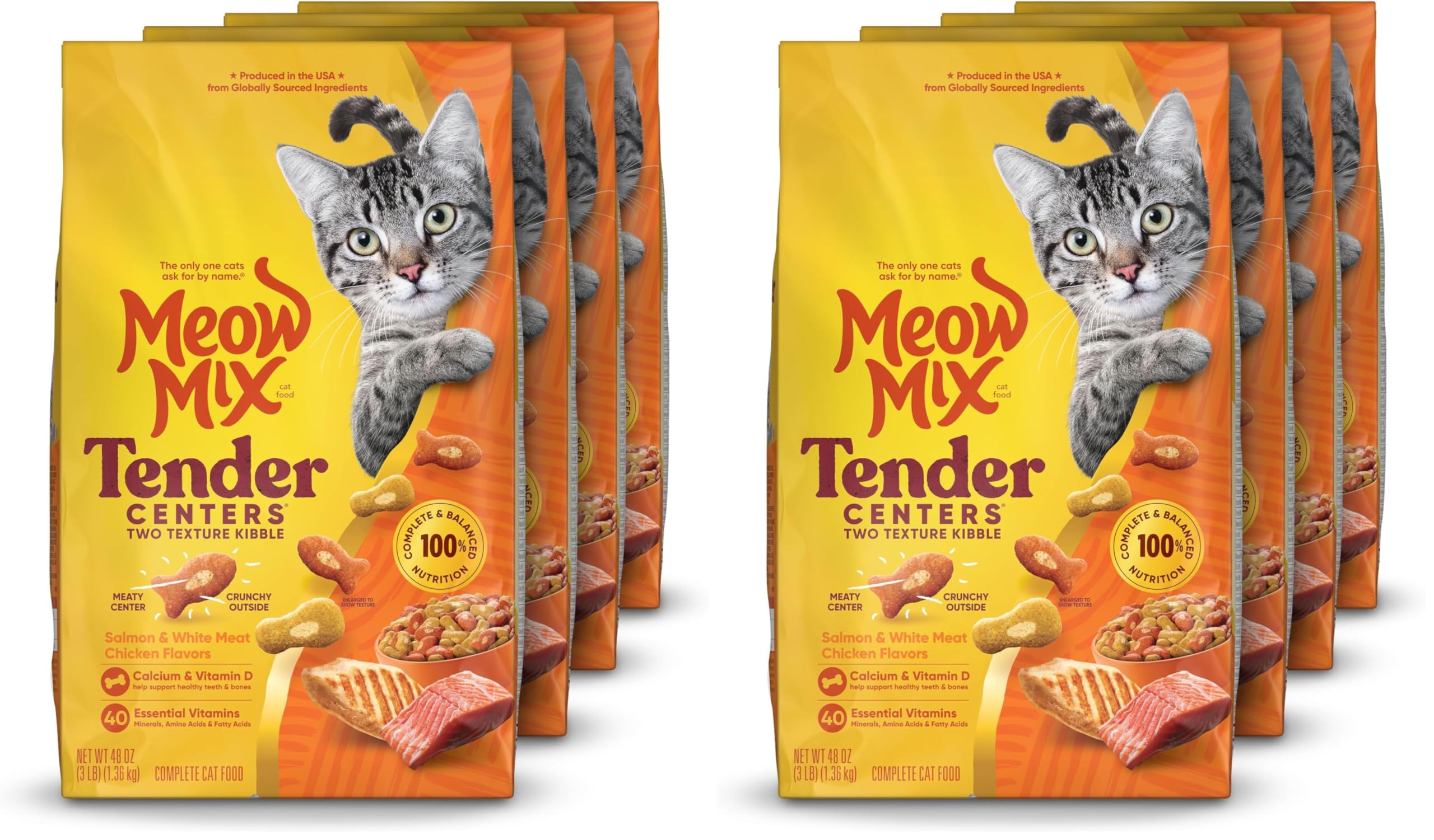 Meow Mix Tender Centers Salmon &amp; White Meat Chicken Flavors Cat Food,3 Pound,Crunchy Outside Meaty Inside,(Pack of 8)