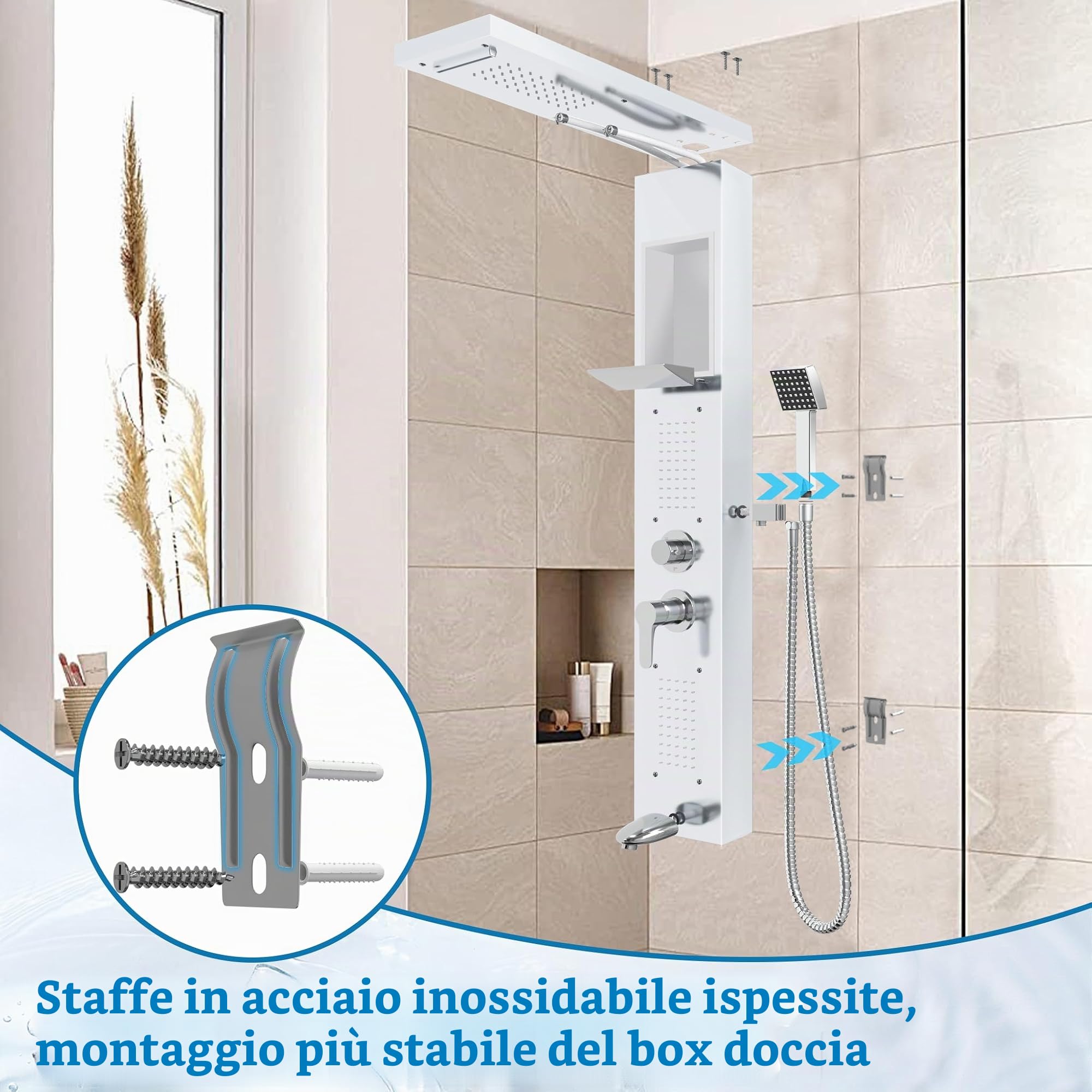 LZQ Pannello doccia in acciaio inox, sistema doccia a 5 funzioni, con doccia a pioggia, cascata, 2 getti massaggianti, doccetta e beccuccio, set doccia montato a parete (bianco)