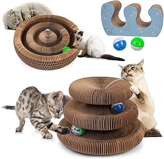 bonitacrylic Magic Organ Cat Scratching Board Recyclable Cat Toy Accordion Round with a Toy Bell Ball, Cat Stratcher Grinding Claw Multi-Shape Tunnel Pad Interactive Foldable for Kitty & Kitten Gift