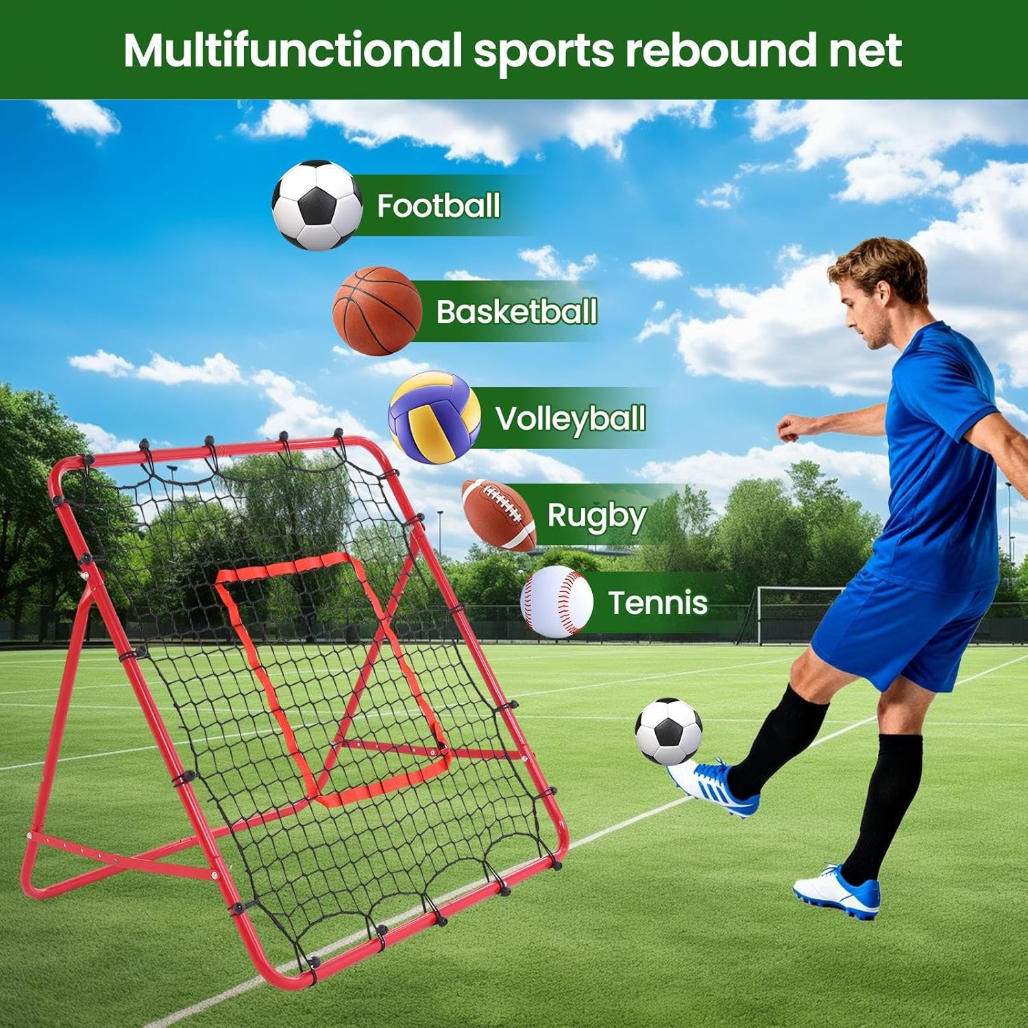 3.25x3.25 FT Soccer Rebounder Net, Multi-Sport Training Net with 5 Adjustable Angles, 30 Bun-gee Cords to Adjust Elastic, Adjustable Multi-Sport Rebounder Nets for Soccer, Baseball, and Softball