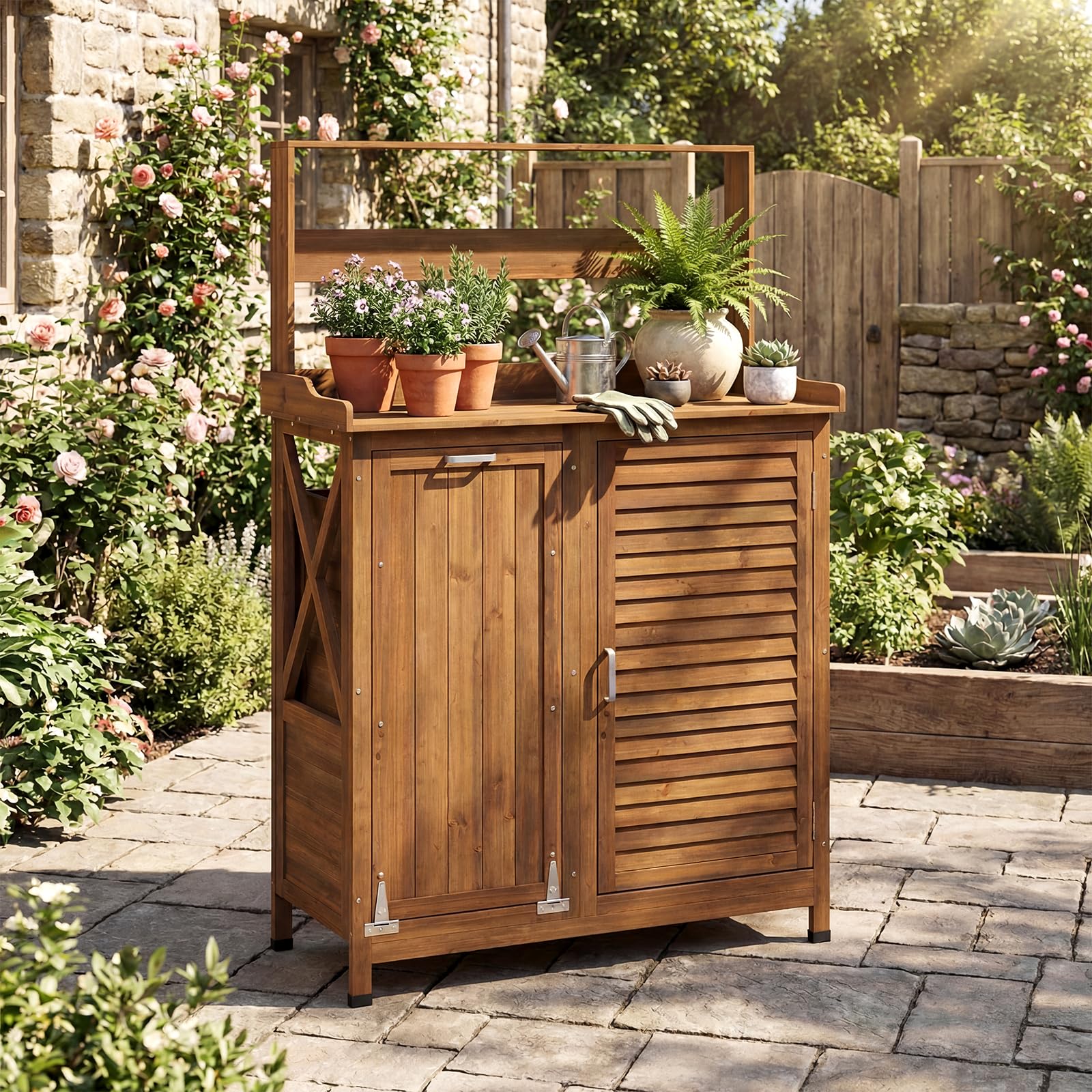 COSTWAY Armario Exterior de Madera Maciza, Cobertizo Exterior con Estantes Extraíbles y 2 Puertas, Caseta Jardin Terraza Balcon (102 x 43,5 x 152 cm)
