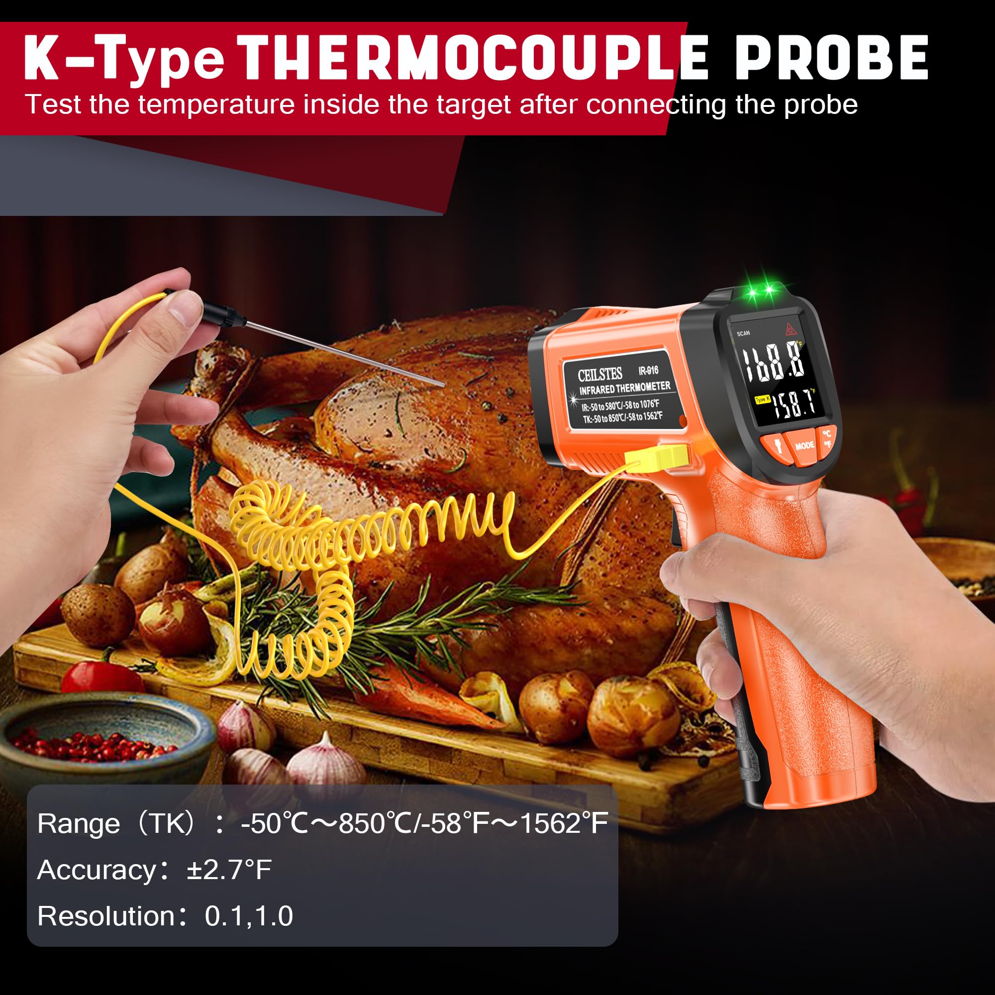 Infrared Thermometer Gun, Non-Contact Digital Laser Temperature Gun, -58°F to 1076°F, Adjustable Emissivity and Max/Min Values for Industrial, Cooking, Griddle,Engine, HVAC (Not for Human) — Amazon image 5