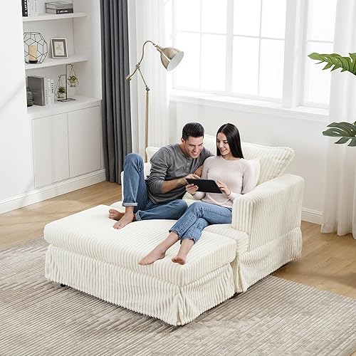 Indoor Chaise Lounge Chair with Storage Ottoman, 60-Inch Corduroy Lounge Sofa, Modern Cloud Couch Chair with Wide Armrests & 4 Pillows (Beige (No Storage))