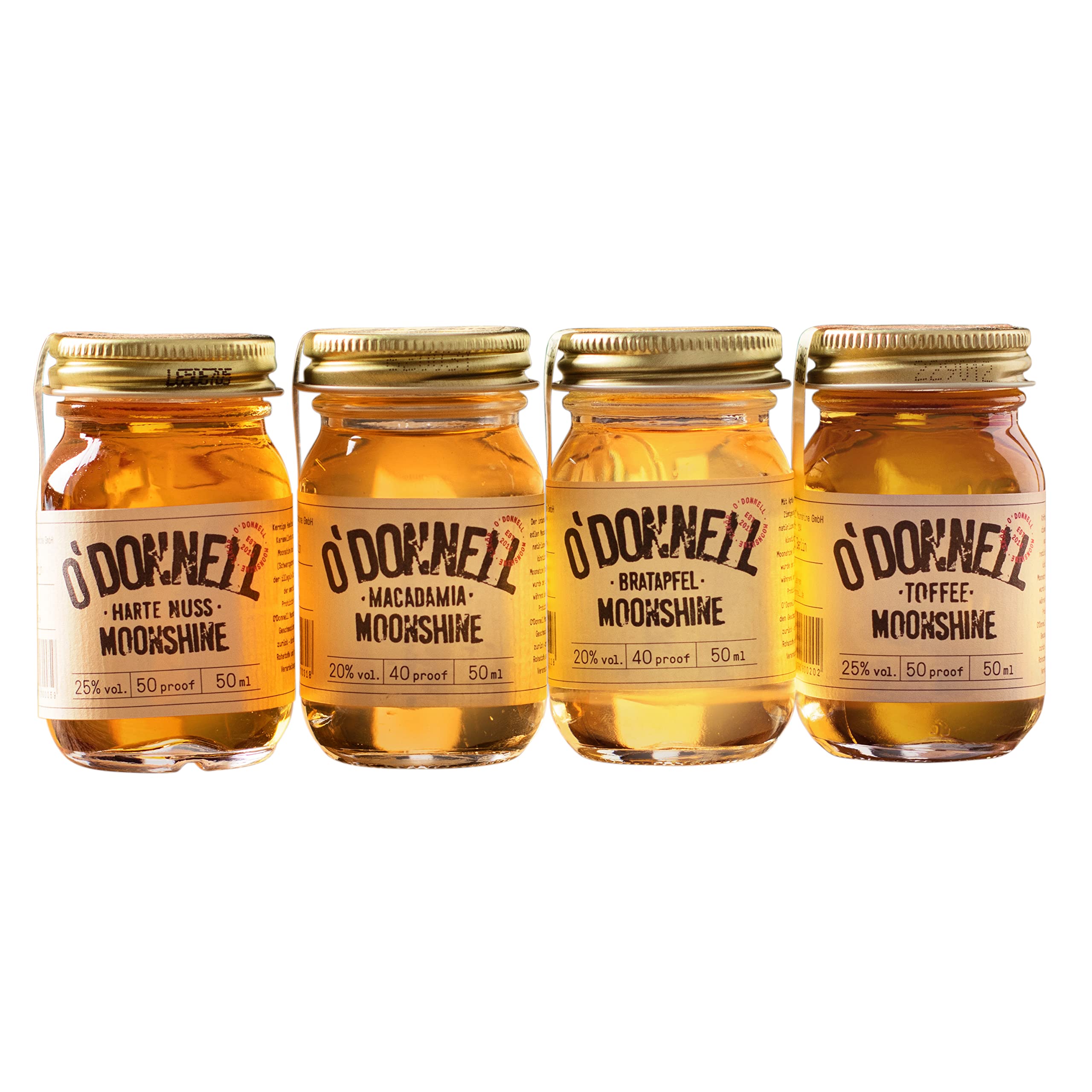 O'Donnell Moonshine Geschenkset Mini - 4x Kleine Liköre als Geschenkidee (Made in Berlin) - Natürliche Zutaten - Premium Schnaps Probierset Harte Nuss, Toffee, Macadamia, Bratapfel - vegan (Winter)
