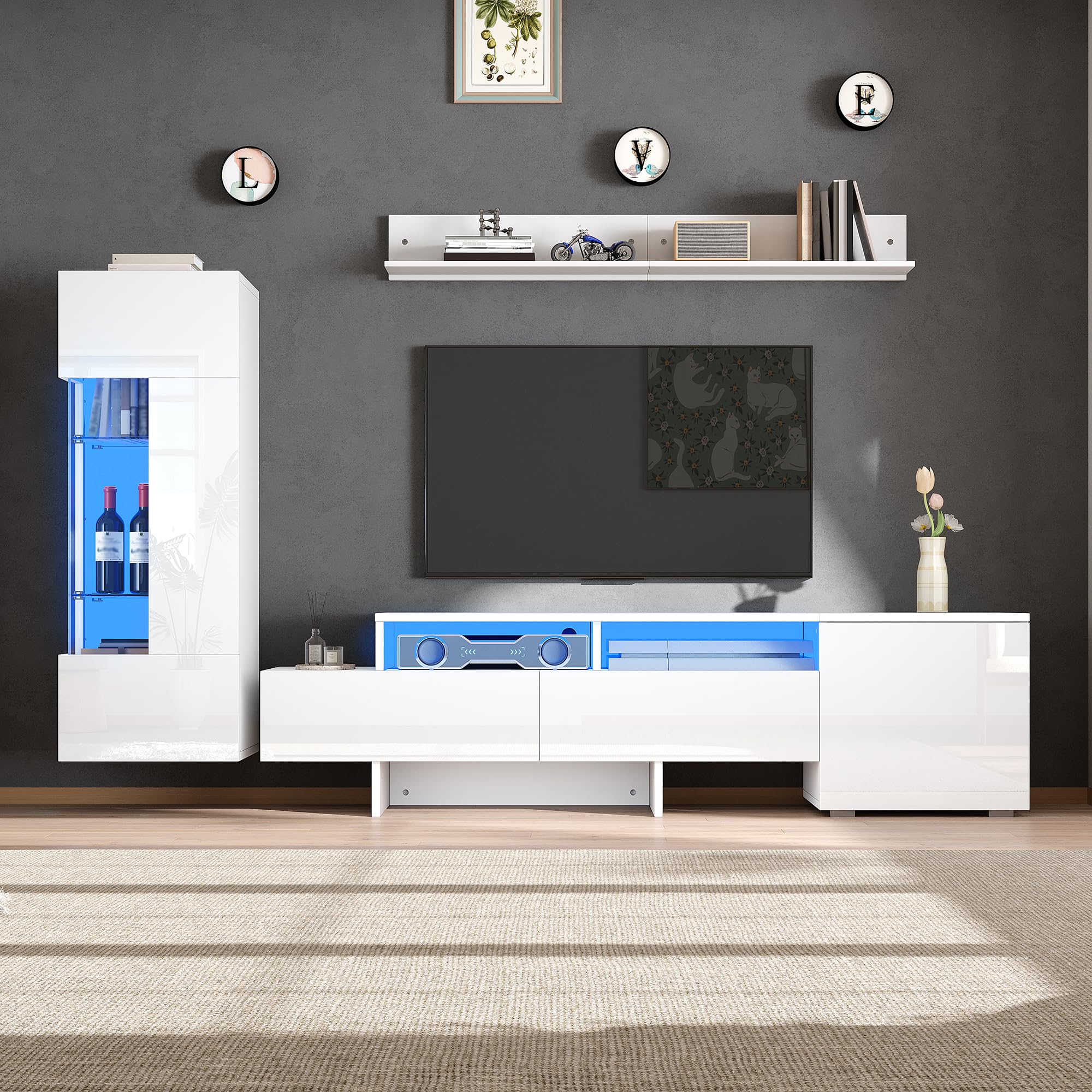 Kebnor TV Wohnwand Set 3-teilig, Hochglanz TV Wohnzimmermöbel-Set mit LED, modernes TV-Schrank,stehend und hängend, Acryl-Schranktüren, Glastrennwand, Weiß, TV bis 70' (Weiß 2)