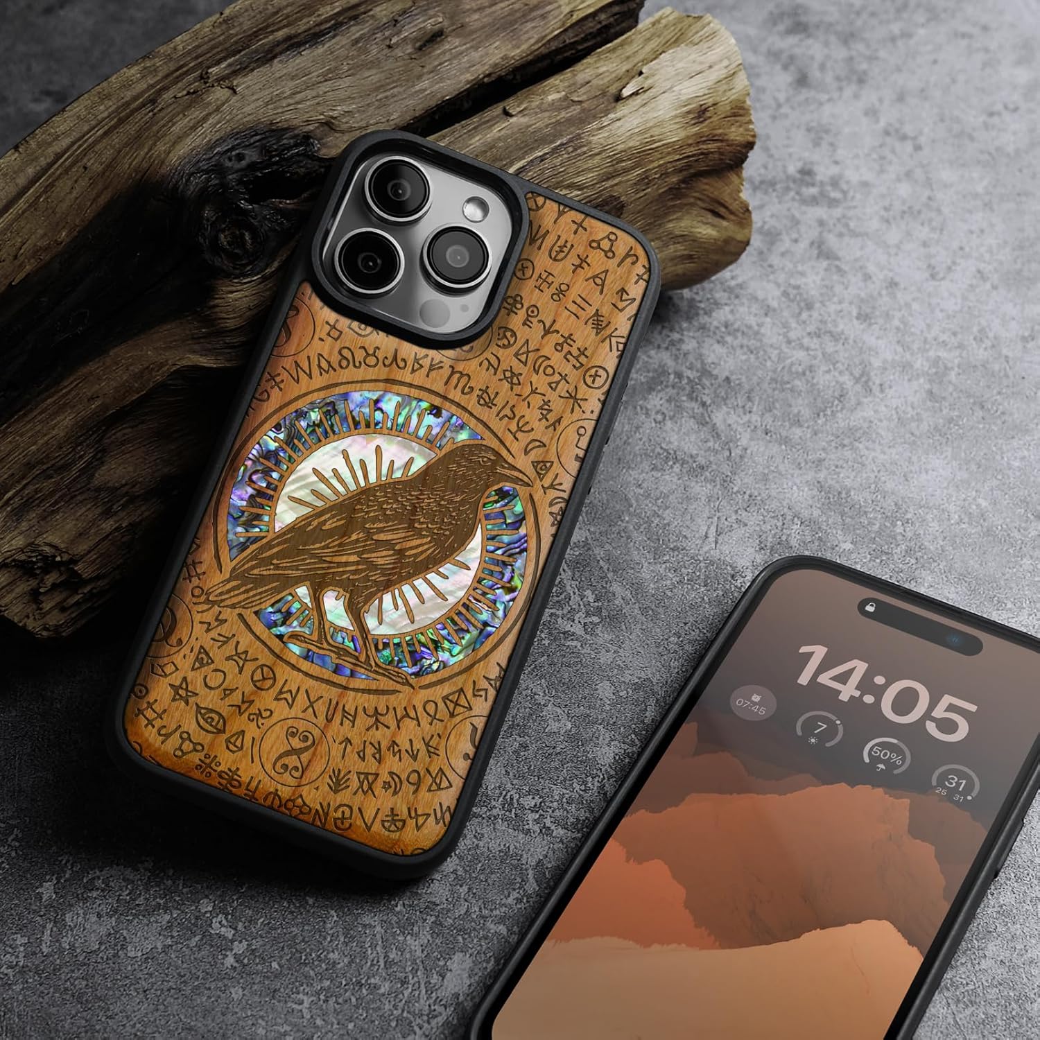 Carveit Magnetic Case for iPhone 16 Pro Max Case, Wood Artisan Engraved & Handmade Shell Inlaid, TPU Shockproof Cover, Compatible with MagSafe Wireless Chargers (Haloed Crow) Cherry