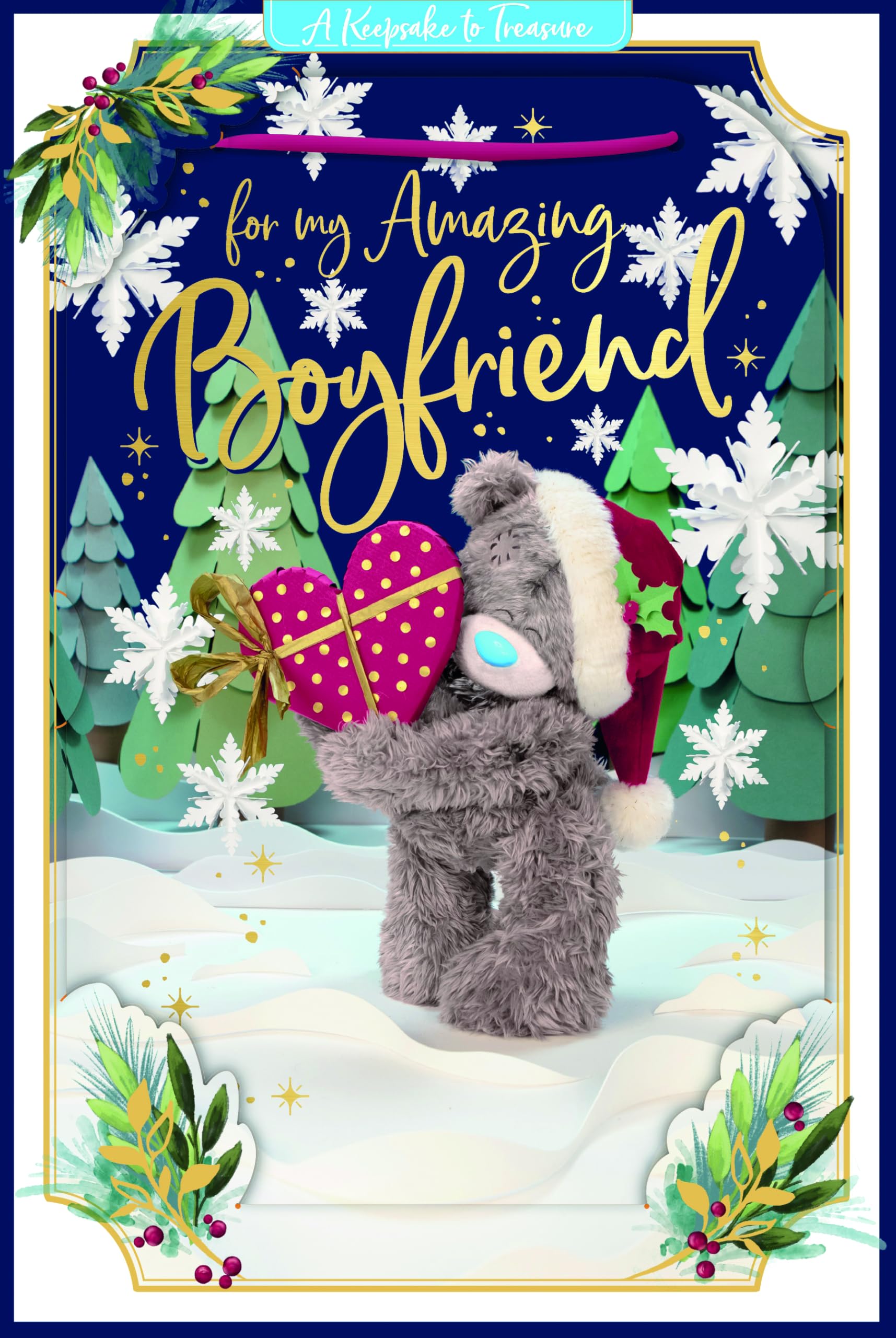 Me To You Tatty Teddy 3D Christmas Keepsake Card For An Amazing Boyfriend, Tatty Teddy Bear Holding Red Heart 6 X 9 Inches - Official Collection