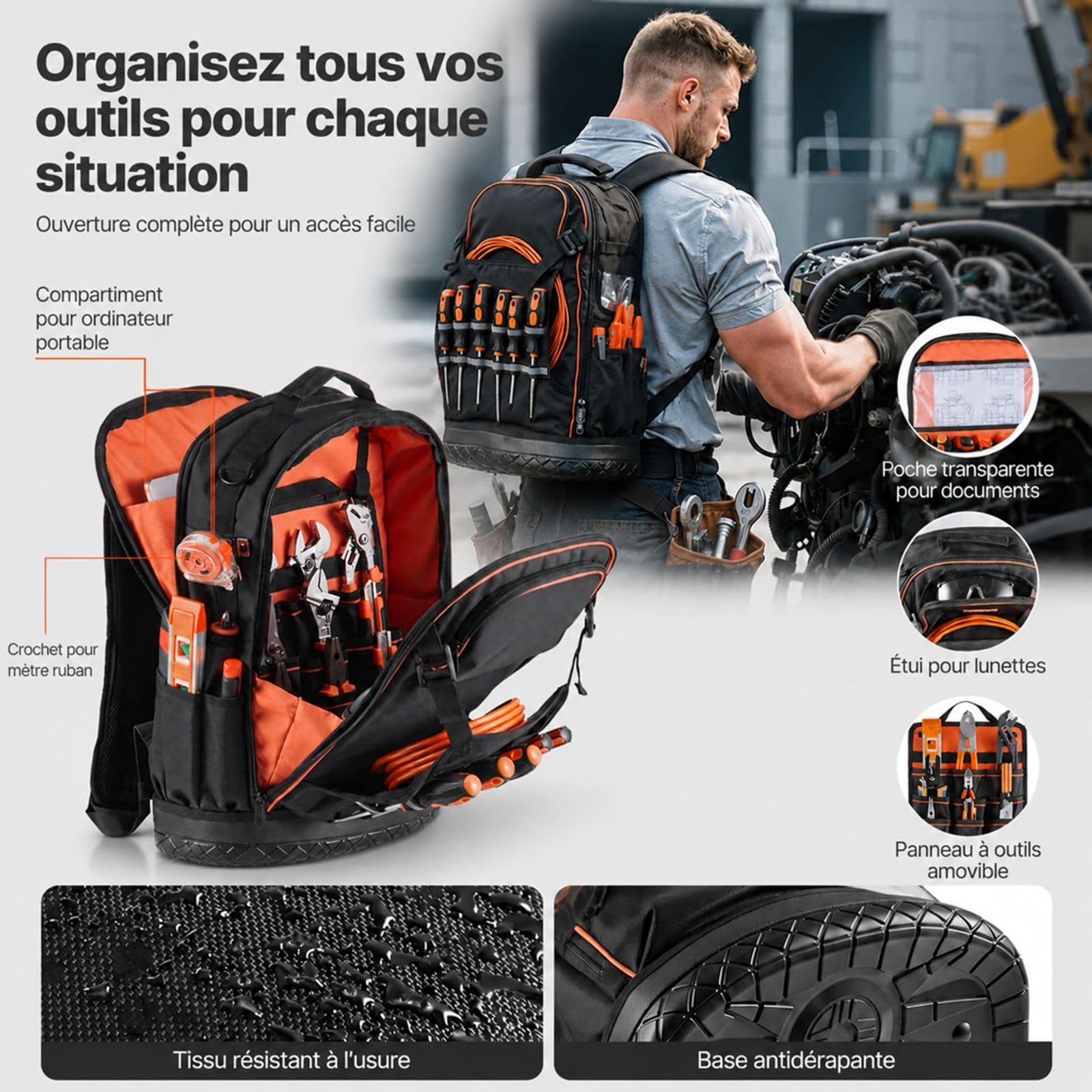Sac à dos à outils avec 65 poches pour chantier et électricien