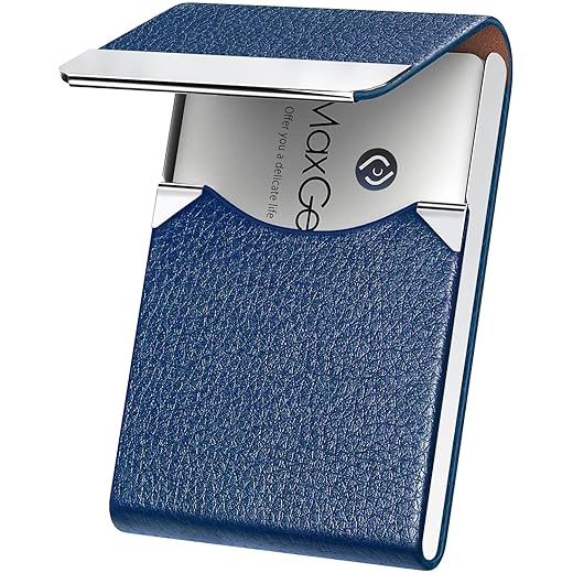 MaxGear Business Card Holder, PU Leather & Stainless Steel Business Card Case for Men or Women, Slim Name Cards Holder RFID Blocking Credit Cards Carrier with Magnetic Closure, Blue