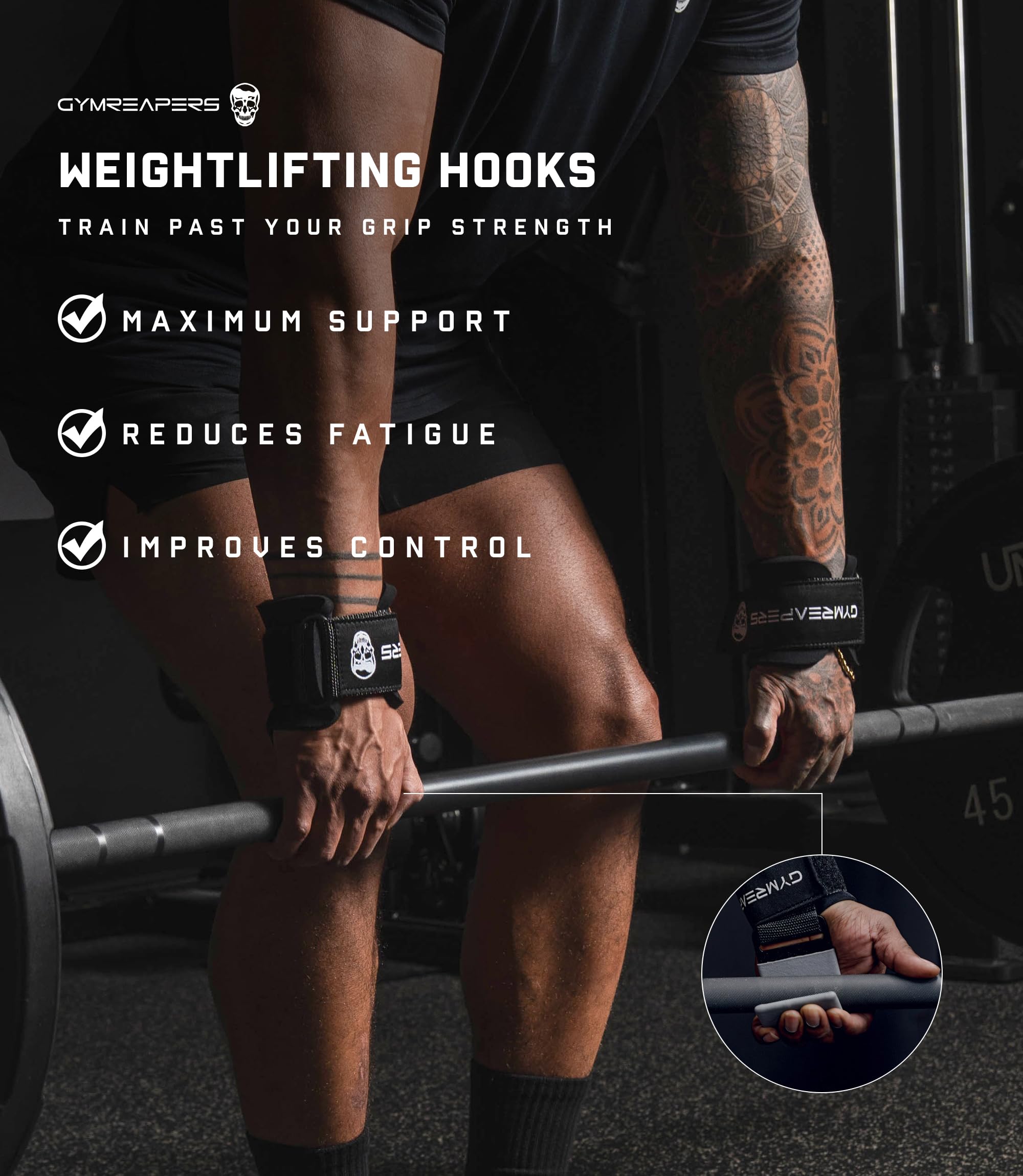Gymreapers Weight Lifting Hooks (Pair), Heavy Duty Power Wrist Straps Hand Grip Support For Deadlifts, Pull Ups, Shrugs - Gym Gloves For Men and Women