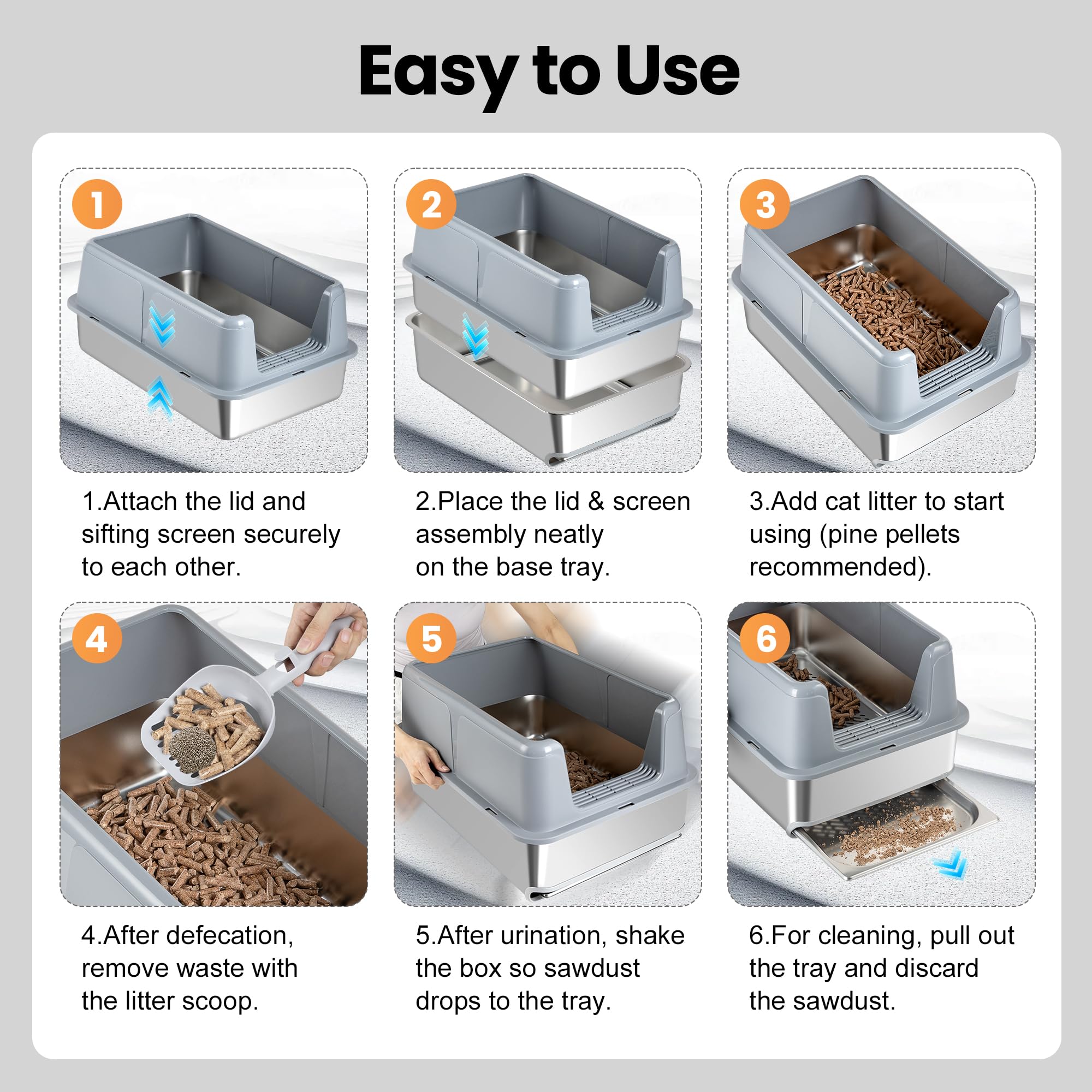 23.6''x15.6''x12'' Stainless Steel Sifting Litter Box with Sifter, Pine Pellet Litter Box with Lid for Big Cats, Built-in Sifter, No Waste Bag Needed, Easy to Clean & Durable (Grey) - image 7