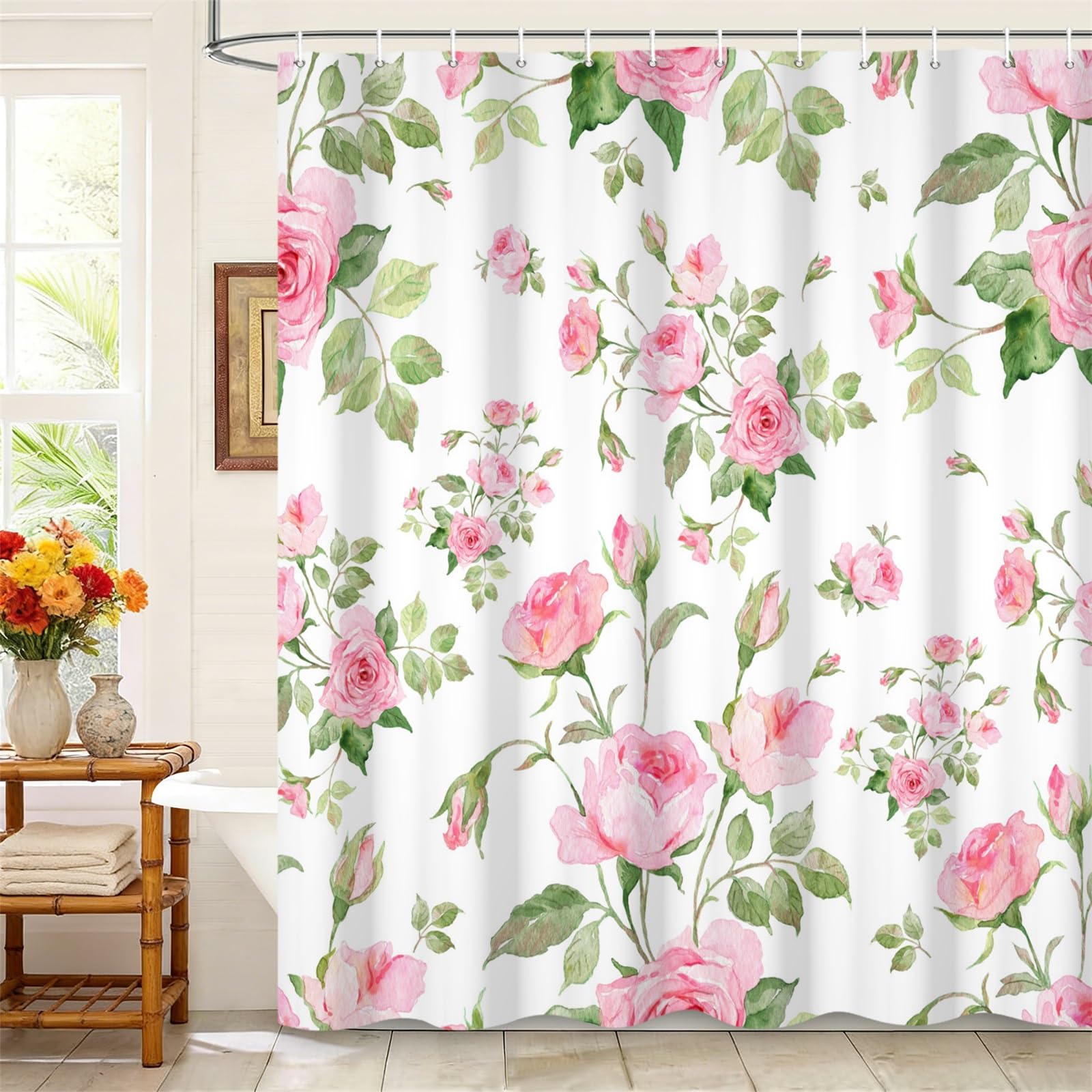 Kzzfqxb 165x180cm Floral Shower Curtains with Plastic Hooks, Bunches of Flowers Blooming Pink Roses with Green Leaves Waterproof Polyester Fabric for Bathtub, Beautiful Decoration for Girls Bathroom