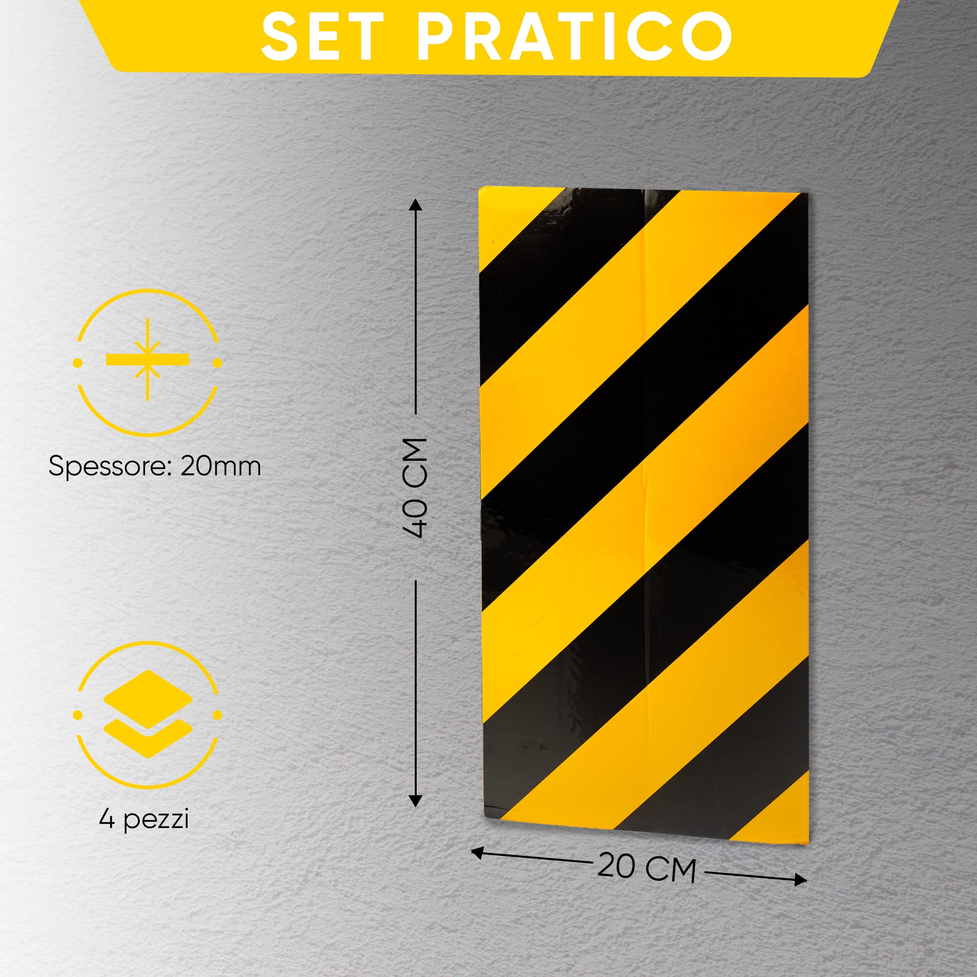 NURADA Paracolpi Garage. Protezione Portiere Auto. Pack 4. Paracolpi Portiere Auto. Paraspigoli Angolari. Angolari per Muro. Paraspigoli Gommapiuma. 40x20x2cm (Giallo riflettente)