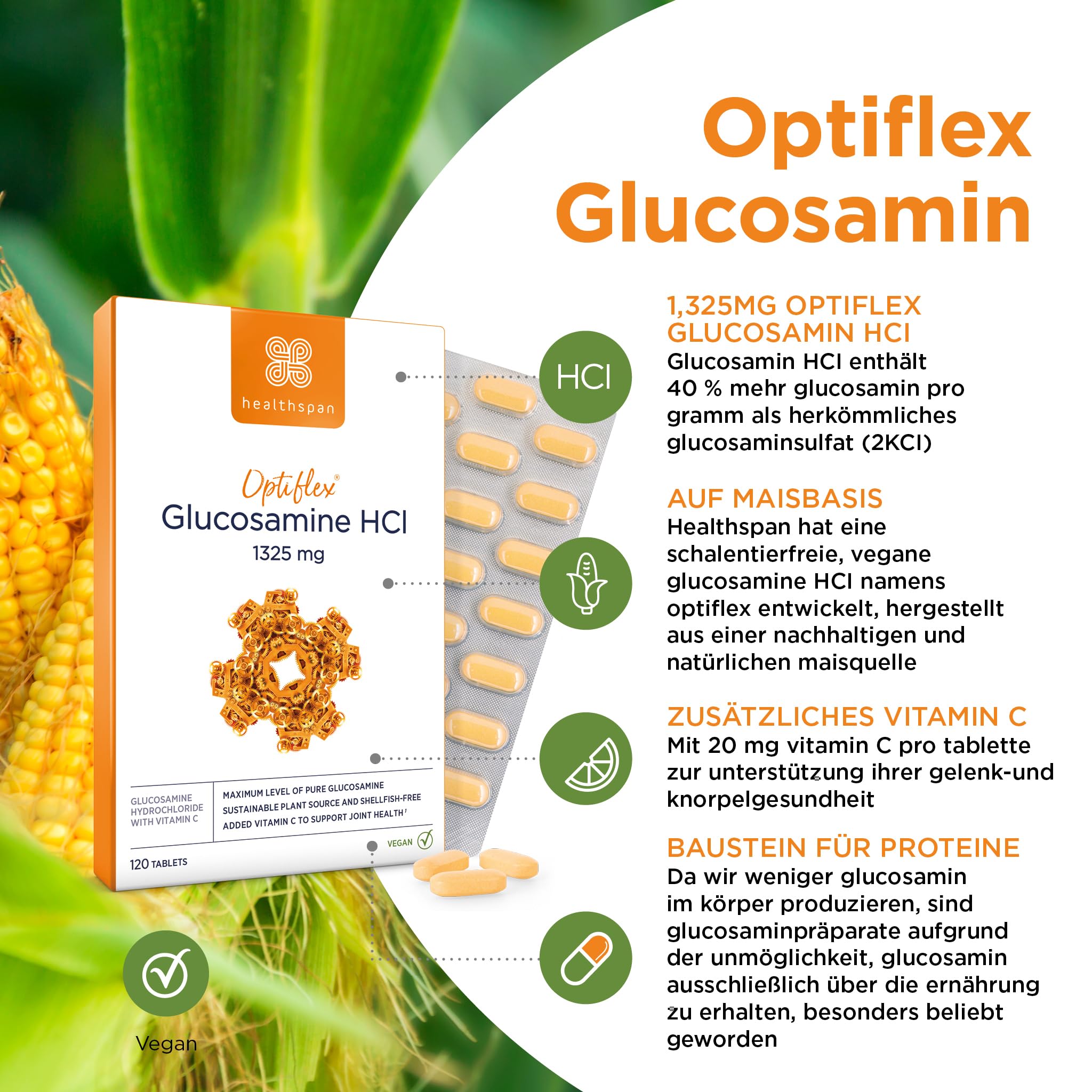 Healthspan Optiflex Glucosamin HCI 1.325mg mit Vitamin C | Schalentierfreie Tabletten für die Gesundheit der Gelenke | 40% mehr Glucosamin | Zusatz von Vitamin C | Vegan | 120 Tabletten