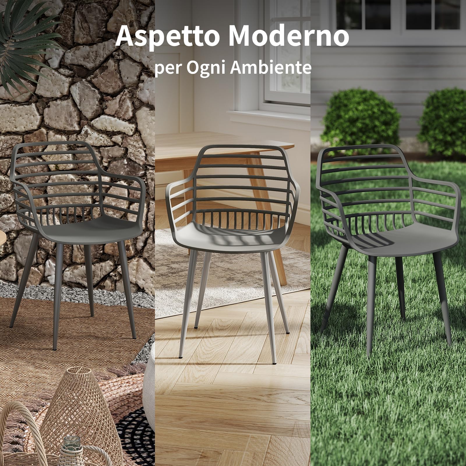 JIJIAN Set da 4 Sedie da Giardino con Braccioli Portata 120 kg Grigio | Plastica PP con Gambe in Ferro Traspirante Robusto Facile da Pulire Sedia Leisure per Balcone Giardino Terrazza Cucina