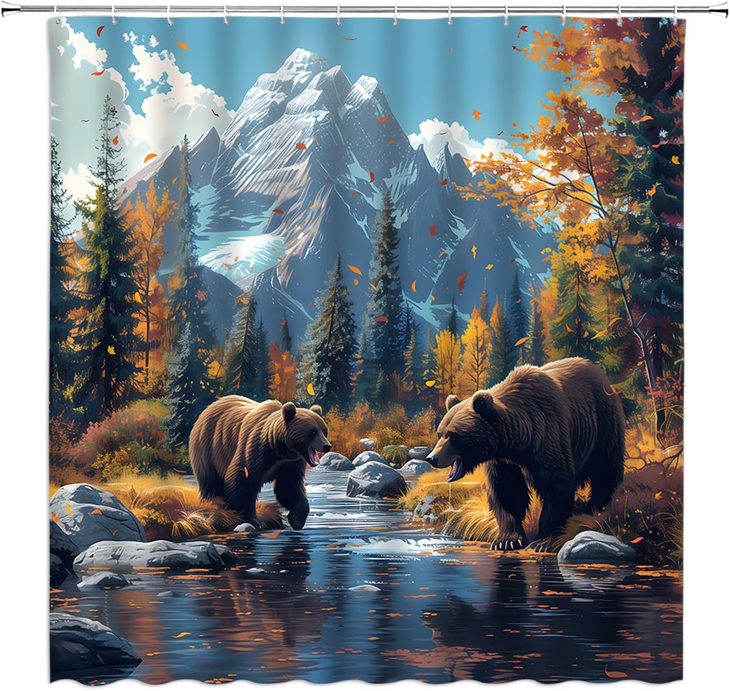 Bear Shower Curtain Fall Forest Rustic Cabin Farmhouse Country Lodge River Mountain Nature Scenic Fabric Bathroom Decor Set with Hooks,(84" Wx70 H)