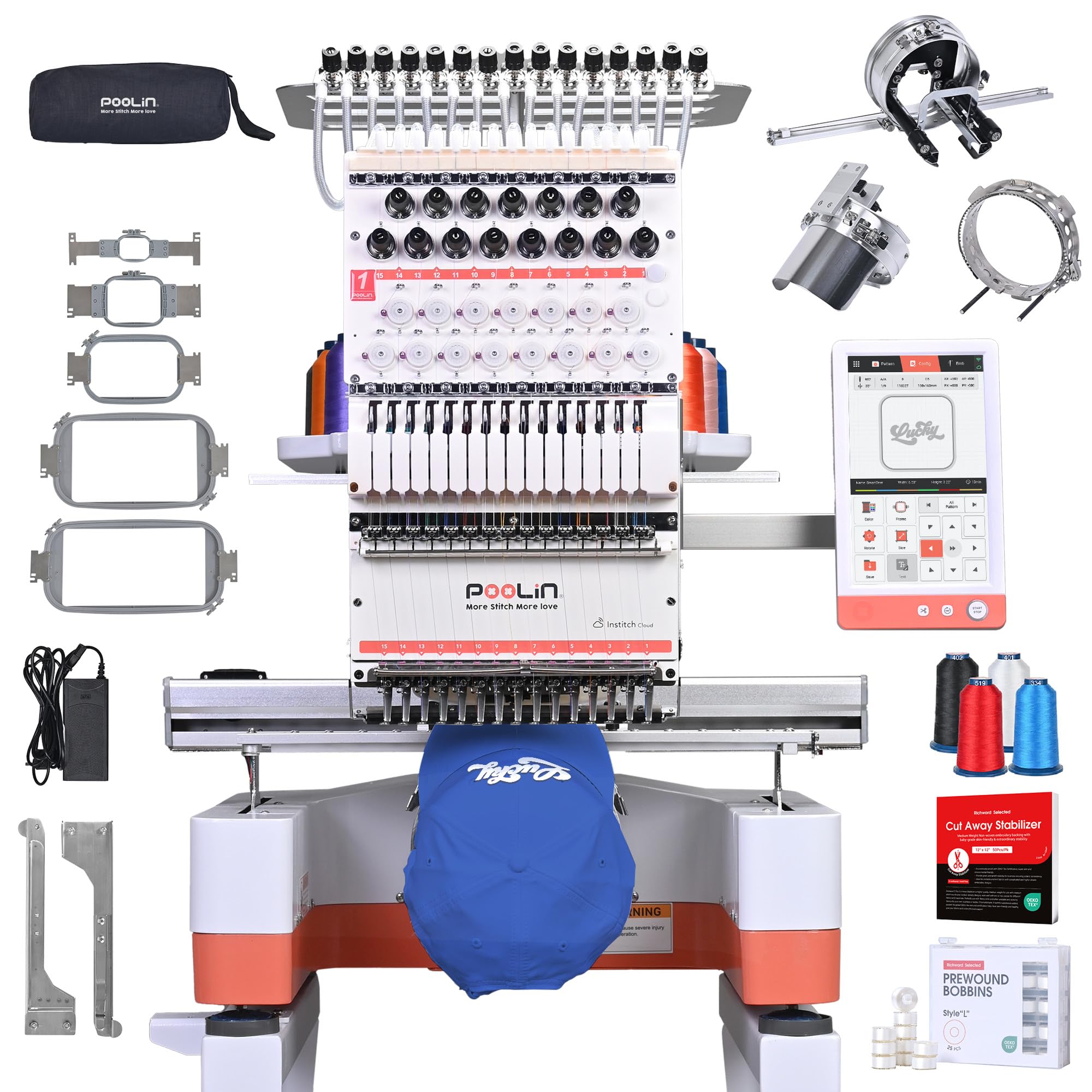 PooLin EOM - Professionelle Industrie und Kompakte Stickmaschine. Starten Sie Ihr kommerzielles Projekt. Personalisieren Sie Kappen, Hüte, Hemden, Pullover und vieles mehr.
