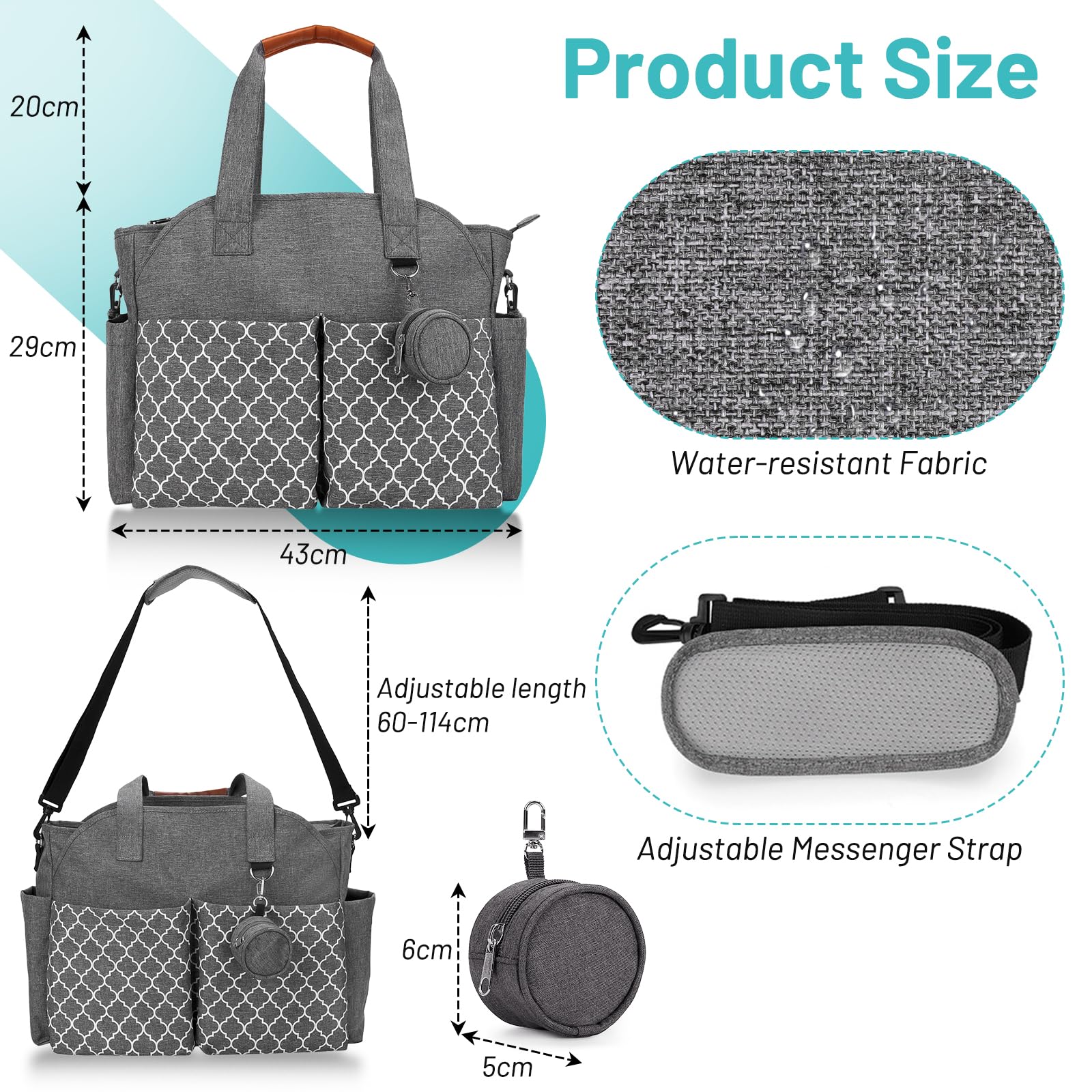 Sac à langer pour bébé - Grand sac à langer avec bandoulière et poche à tétine - 15 poches - Imperméable - Portable - Sac de voyage multifonction pour couches et accessoires pour bébé