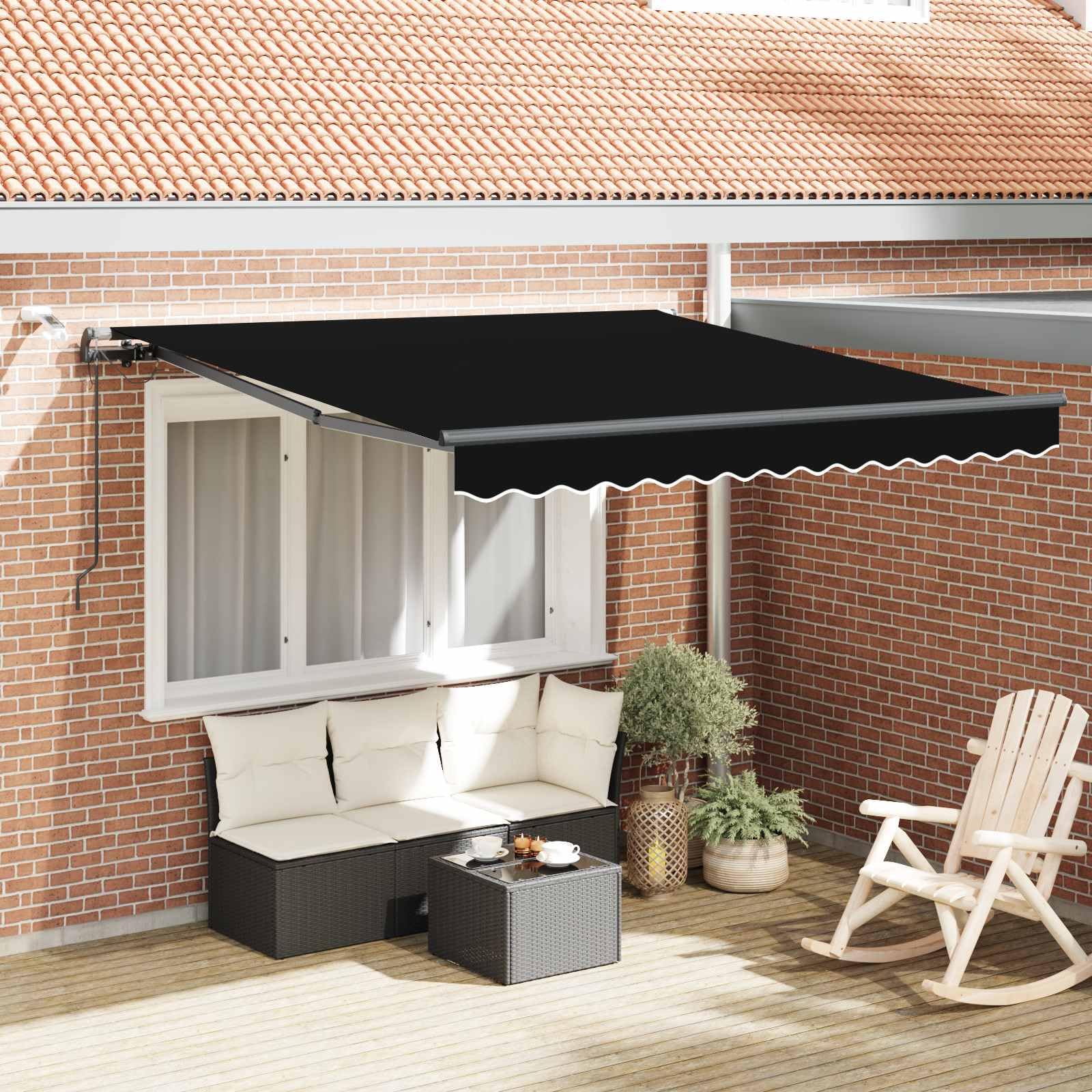 Ausziehbare Schwarze Markise 300 x 250 cm Polyester für Balkon Terrasse Garten wetterfest Windschutz mit Fernbedienung, Gelenkarm, Sonnenschutz, wasserdicht, Windschutz, UV-Schutz, langlebig