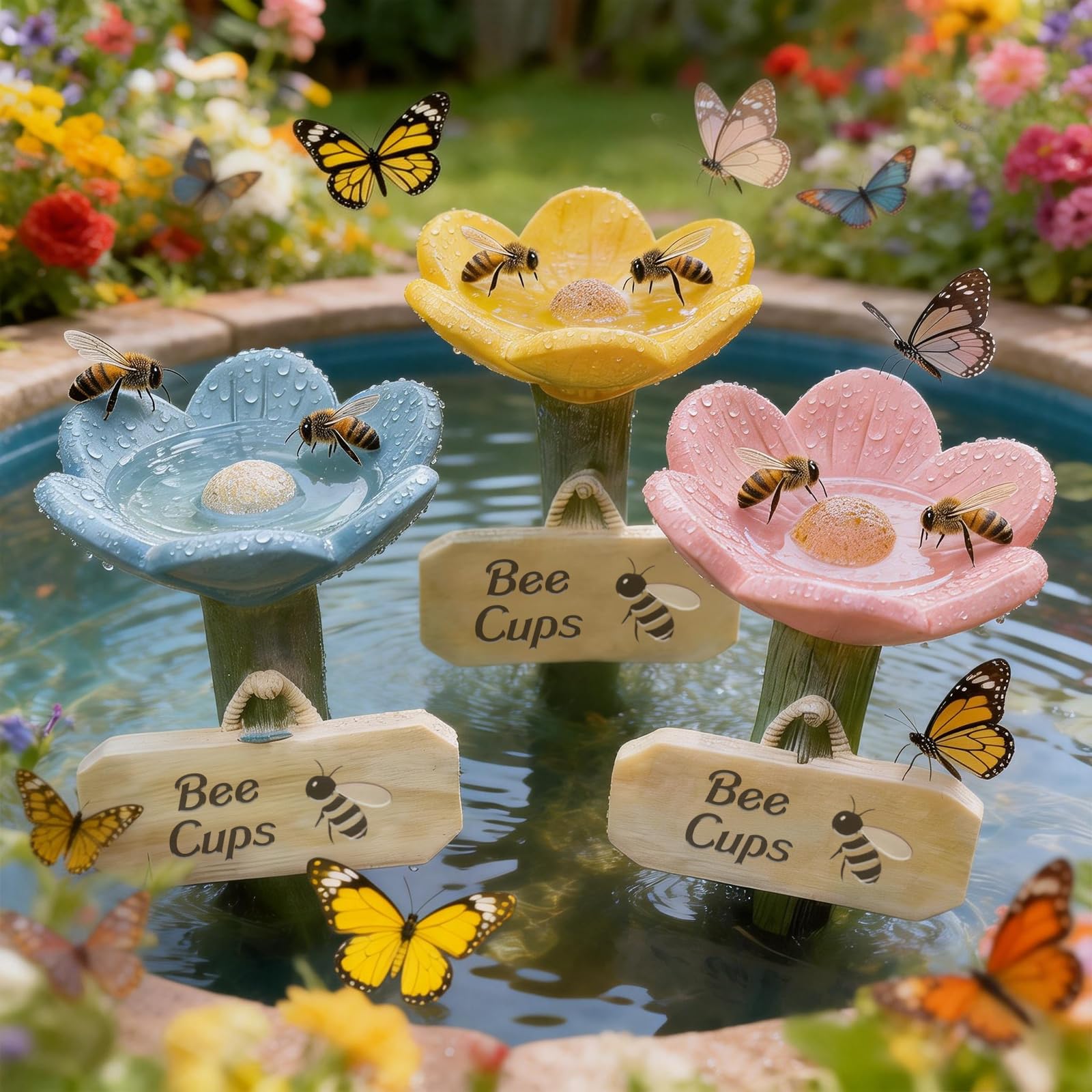 3Pcs Cups for Bees, 2026 New Flower Shaped Bee Watering Station for Thirsty Pollinator Garden, Outdoor Butterfly Drinking Feeder, Eco-Friendly Water Bowl for Yard, Lawn, Patio Decor (3Pcs(Mix Color)) — view 5