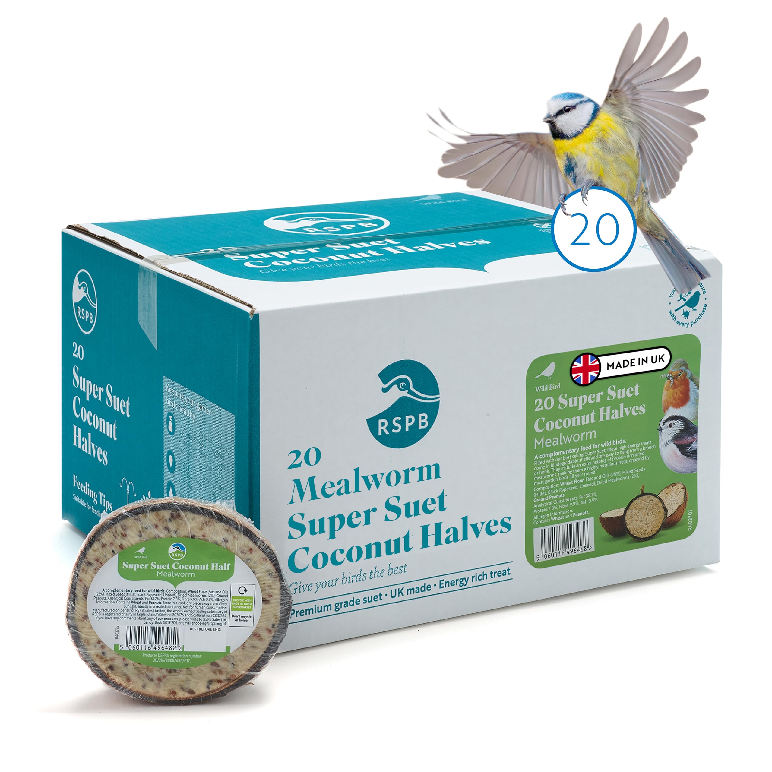 RSPB - Coconut Halves, Bird Food for Outside Birds, Wild Food with Suet, Dried Mealworms, Seeds, and Cereals, High Energy, Filled in the UK, Suitable for Year-Round Feeding (20 x 320g)