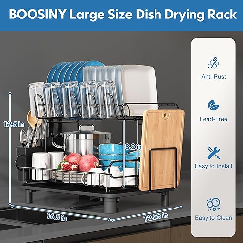 Miniatura 5 de BOOSINY Escurridor de platos, escurridor de platos para encimera de cocina, escurridor de platos de acero inoxidable de 2 niveles con juego de