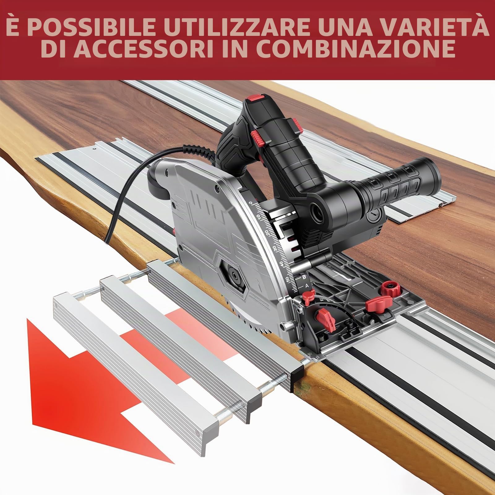 Sega ad immersione con guida da 2x700mm, sega circolare manuale da 1200W, profondità di taglio 57mm, inclinazione di taglio da 0 a 45°, Ø165mm 40 denti, per legno duro, compensato, laminato, altro