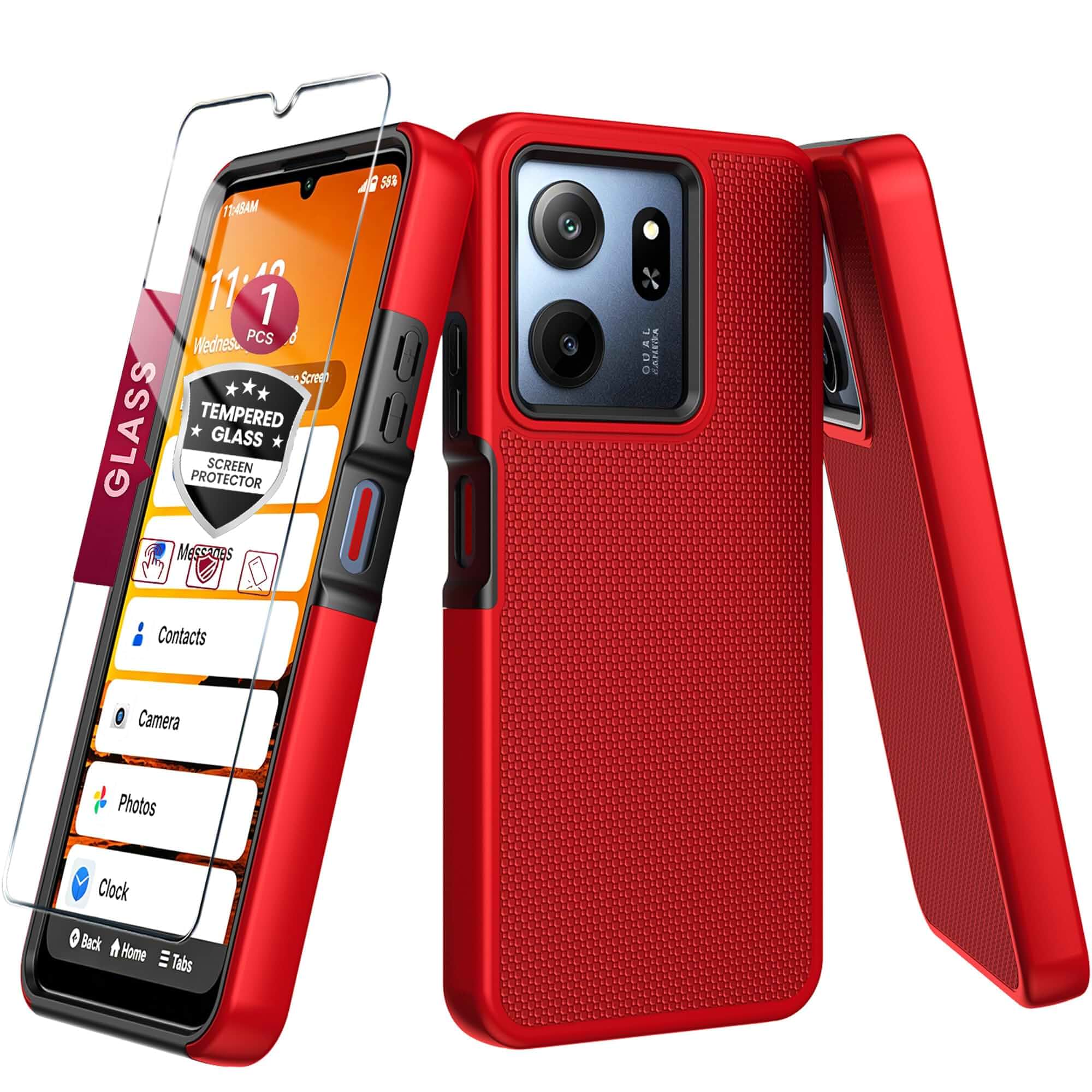 for Consumer Cellular Iris Connect 2 Phone Case (Red) for SpeakEasy Smart Case,with Tempered Glass Screen Protector,Dual Layer Heavy Duty Shockproof Protection