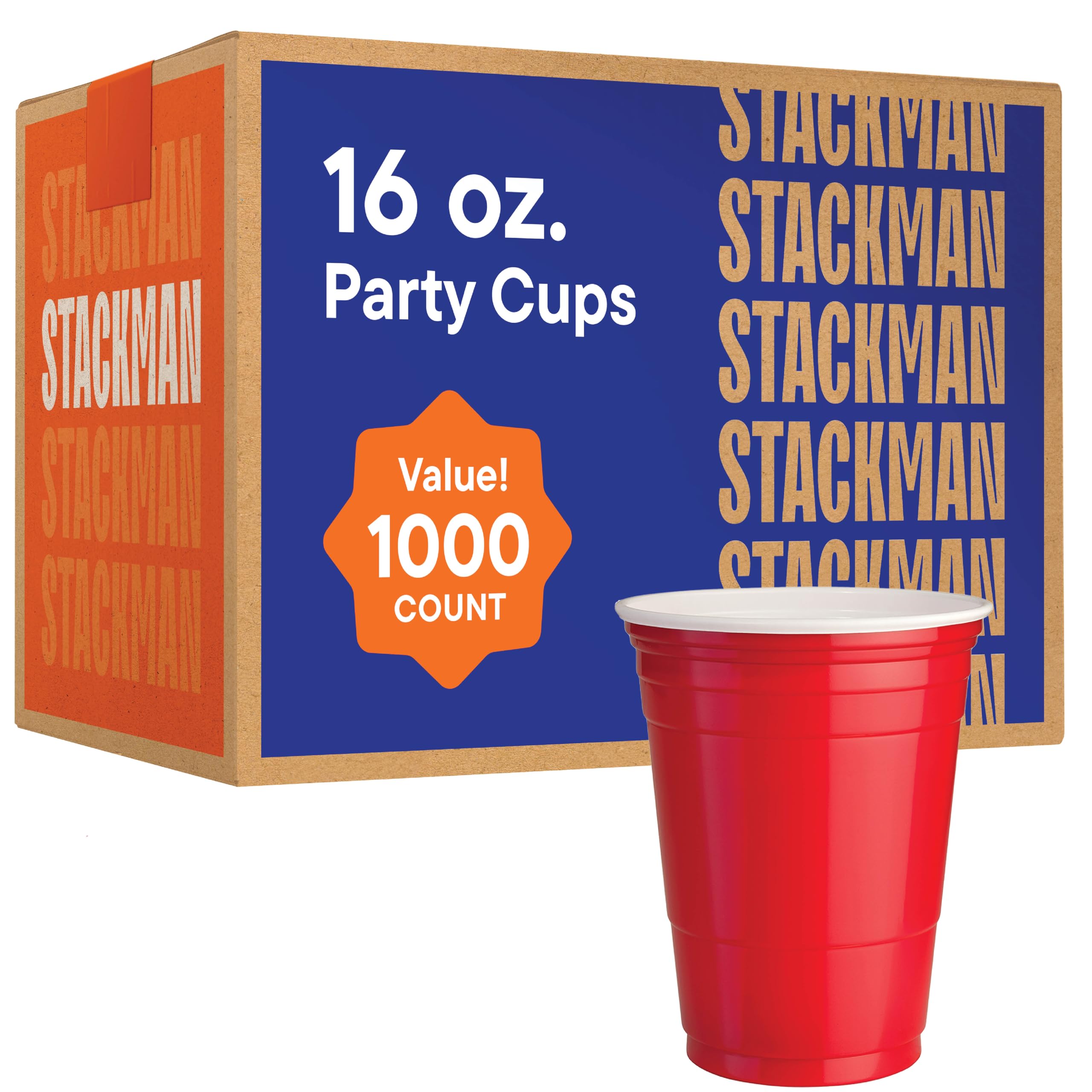 Stack Man Red Cups - Party Cups - Disposable Plastic Cups [16 oz - 1000 Pack] Fun & Durable Party Cups for Drinking & Playing - Bulk Case of 10x100