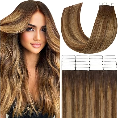 Seamless Tape in Hair Extensions Human Hair Long Human Hair Extensions Tape in Remy Real Hair Extensions 20 Inch Balayage Hair Extensions Chocolate Brown to Caramel Blonde with Brown Roots 40pcs 100g