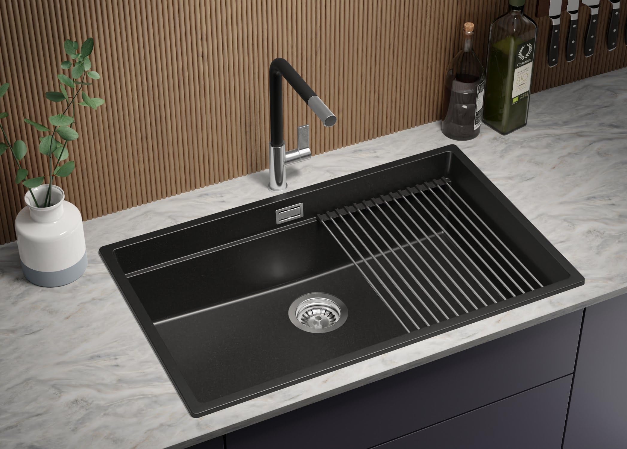 PRIMAGRAN Lavello da Cucina Tutto Nero 76x47cm, Lavandino in Granito a 1 vasca + Set di accessori, Lavabo da Cucina Incasso al Mobile 80cm - Prague Level Slim S547