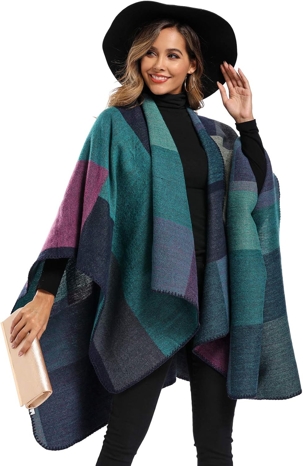 Epsion Women's Color Block Shawl Wrap Plus Size Cardigan Poncho Cape Open Front Long Winter Sweater Coat - Image 3