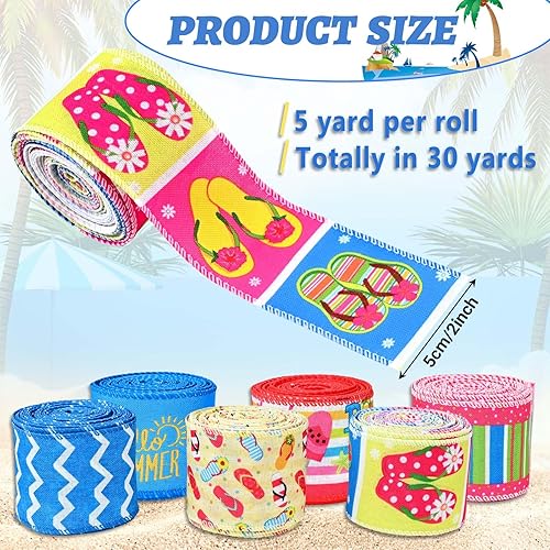 Miniatura 2 de 6 rollos de 30 yardas de cinta con alambre de verano, con ondas, lunares, rayas, cinta decorativa, cinta de arpillera con temática de verano, para
