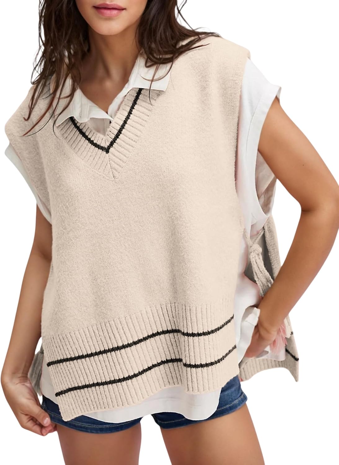 Women’s V Neck Sweater Vest Loose Knit Sleeveless Poncho Side Binding Fringe Pullover Tank Tops