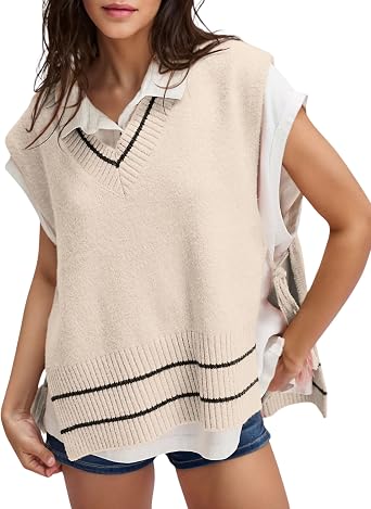 Womens V Neck Sweater Vest Loose Knit Sleeveless Poncho Side Binding Fringe Pullover Tank Tops