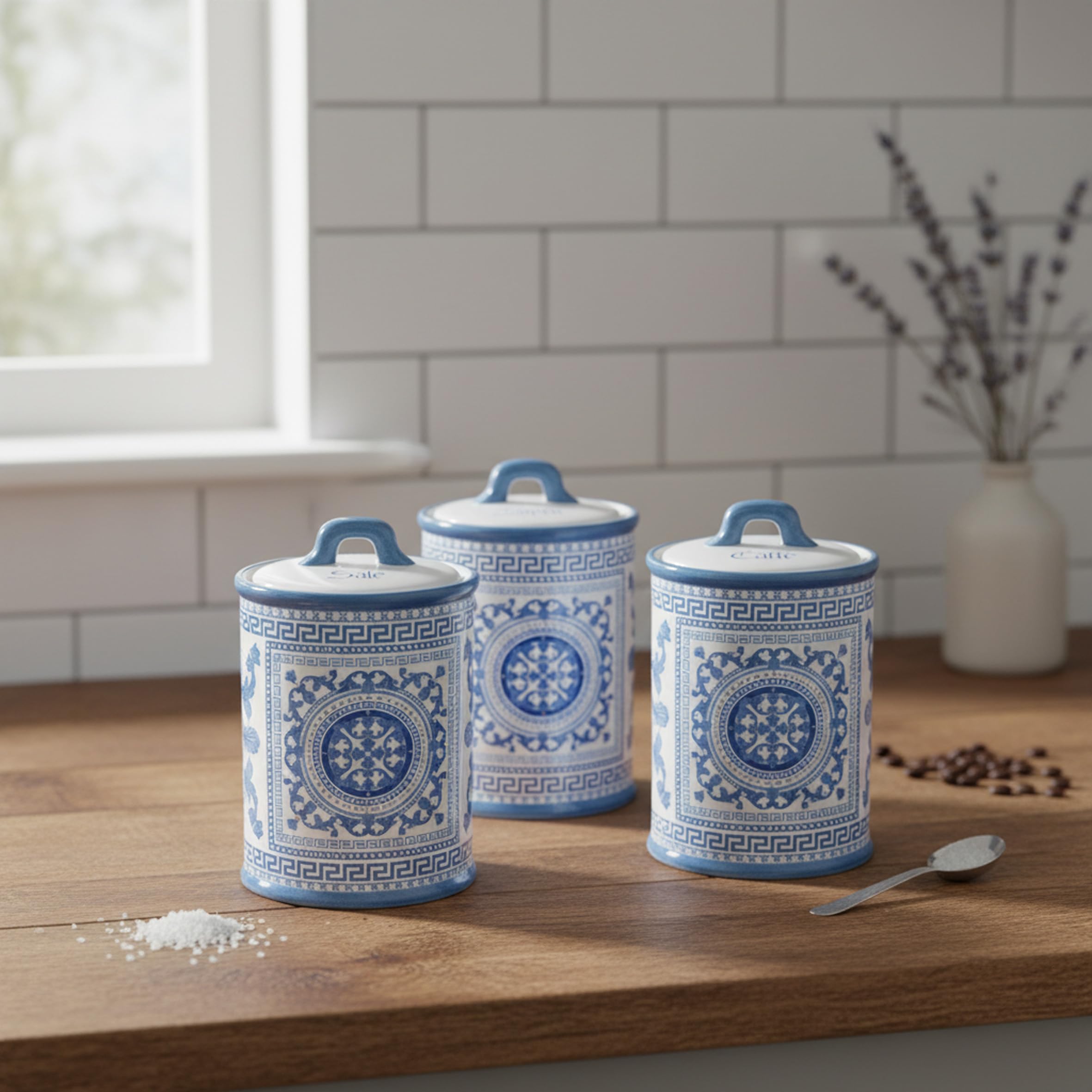 Baroni Home Salzglas dekoriert in Keramik mit luftdichtem Deckel, farbenfrohes Küchenzubehör, Blaue Majolika-Linie, 11 x 11 x 17 cm