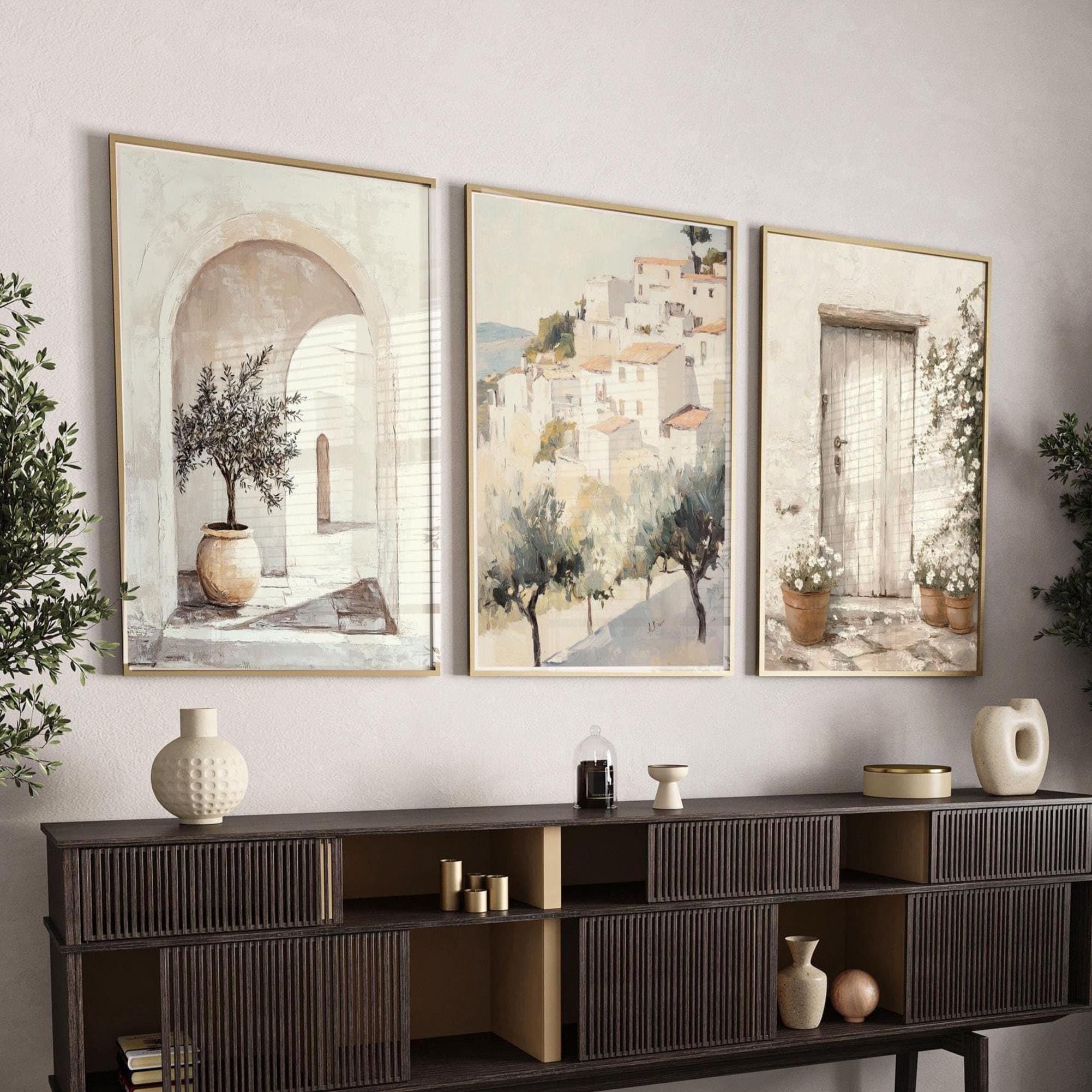 AMOSIJOY Coastal Wall Art Set of 3, Neutral Wall Decor Prints, Italian Seaside Landscape Artwork, Beige Home Decoration for Living Room Bedroom Office, Unframed Art Prints (21x30cm)